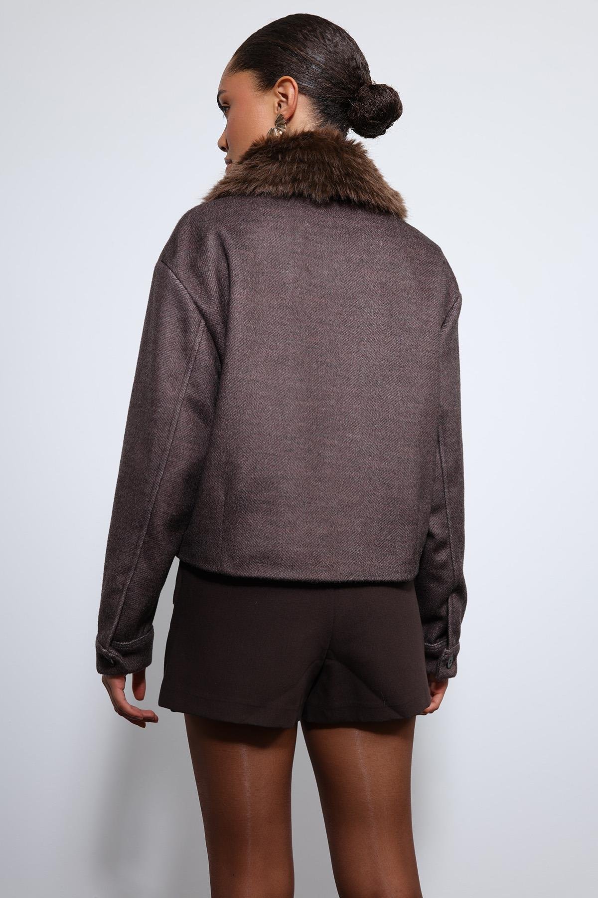 Antioch Kahve Yün Karışımlı Suni Kürk Yaka Ceket