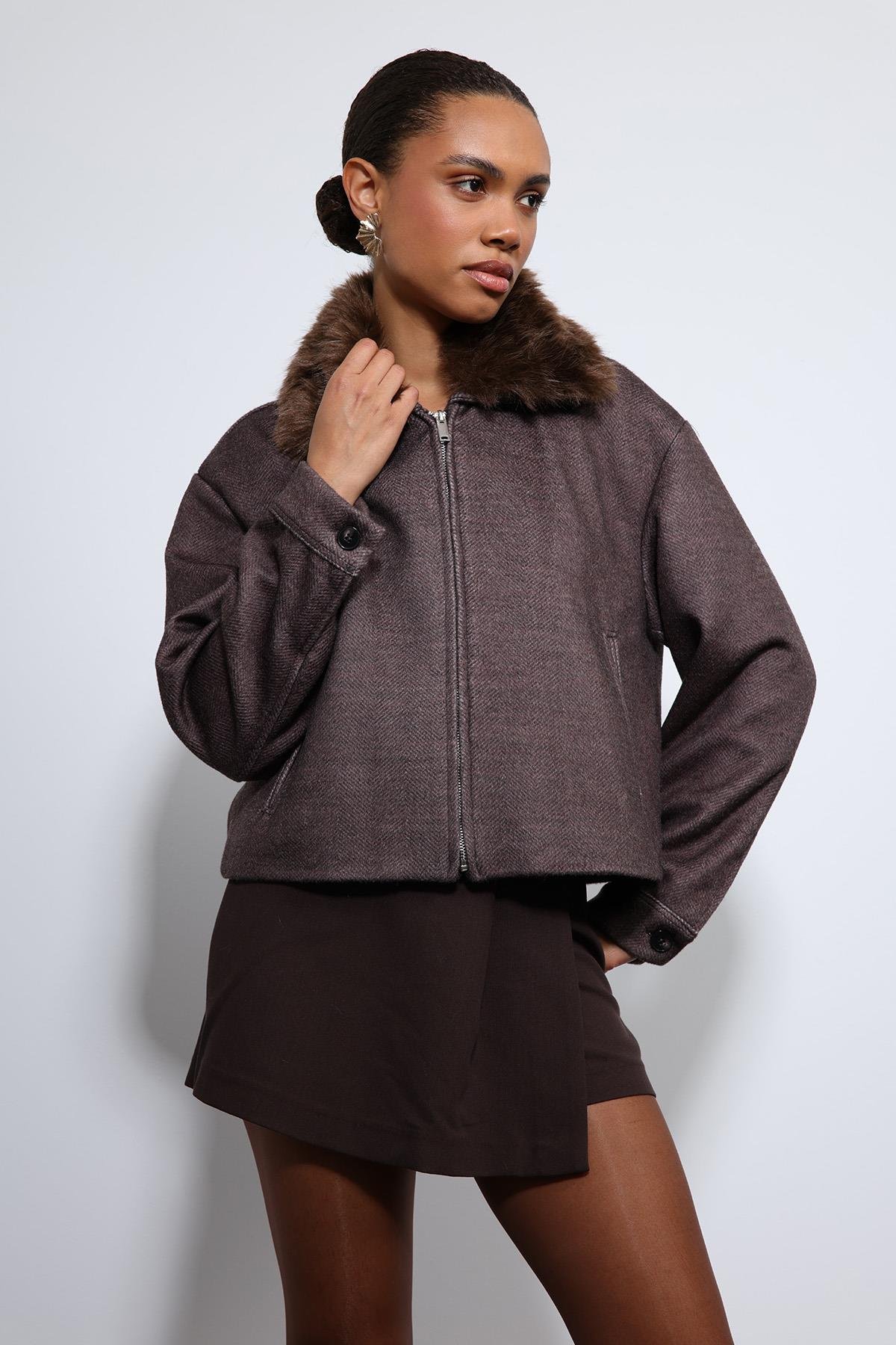 Antioch Kahve Yün Karışımlı Suni Kürk Yaka Ceket