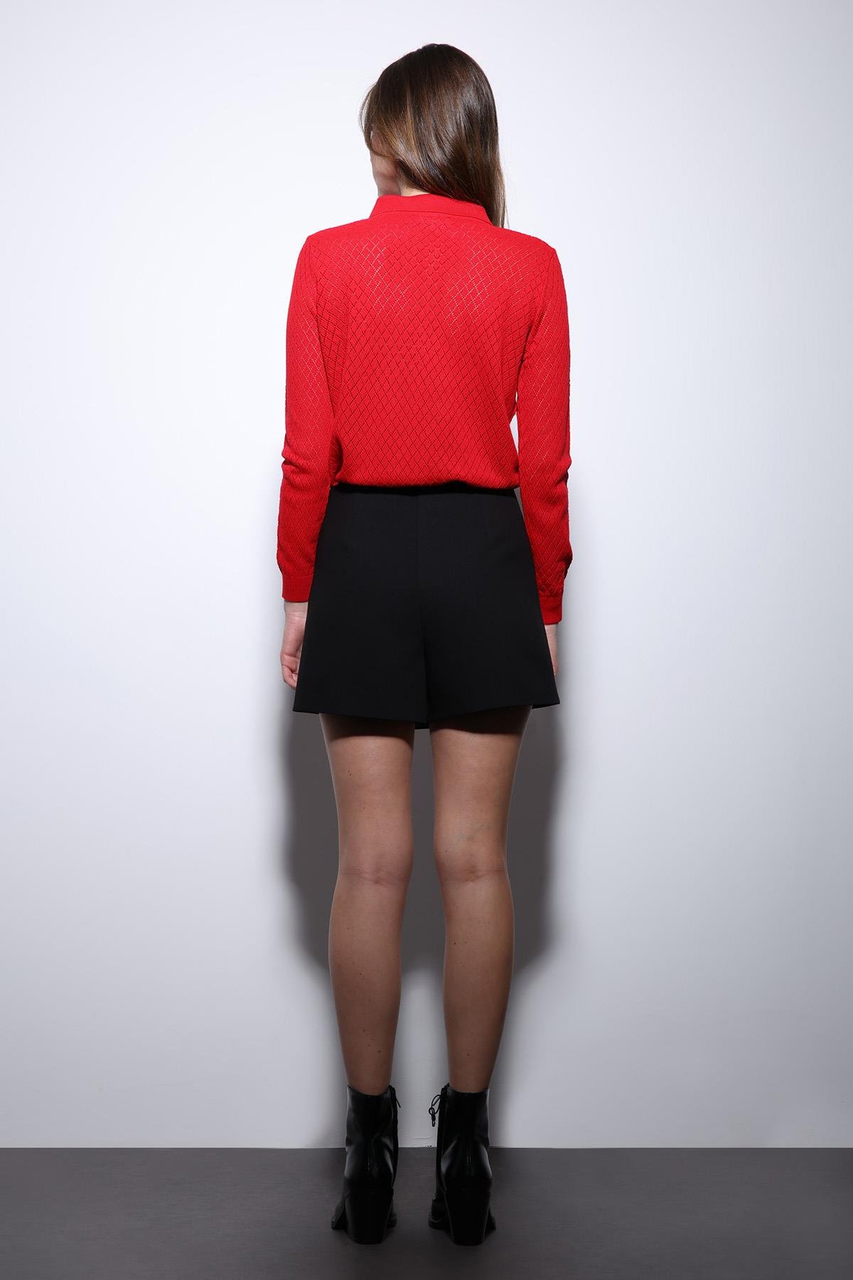 Antioch Kırmızı Polo Yaka Desenli Triko Kadın Kazak