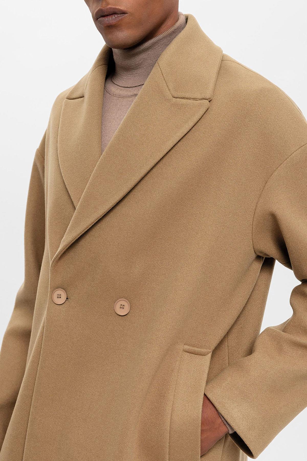 Antioch Koyu Bej Oversize Kruvaze Erkek Kaban