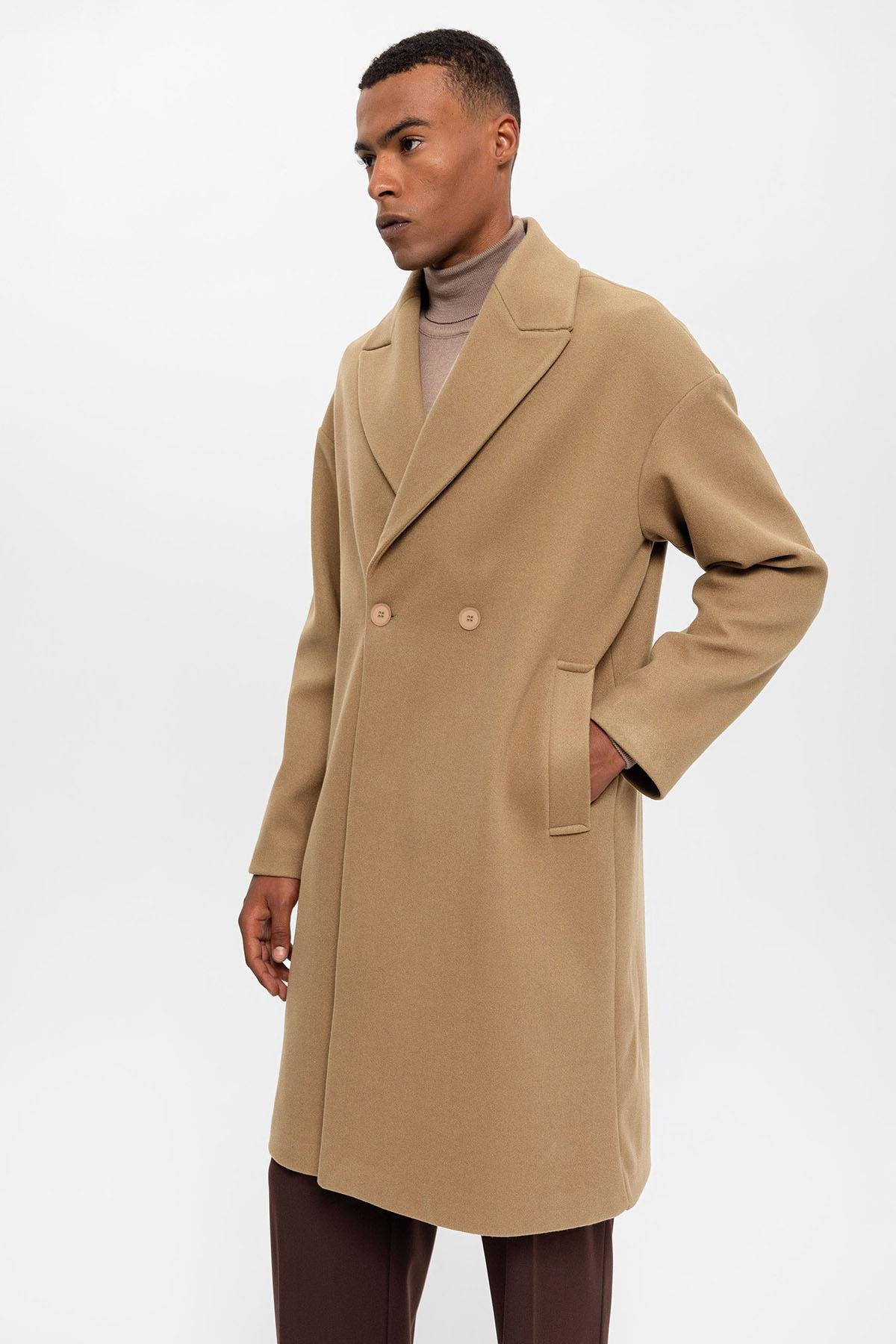 Antioch Koyu Bej Oversize Kruvaze Erkek Kaban