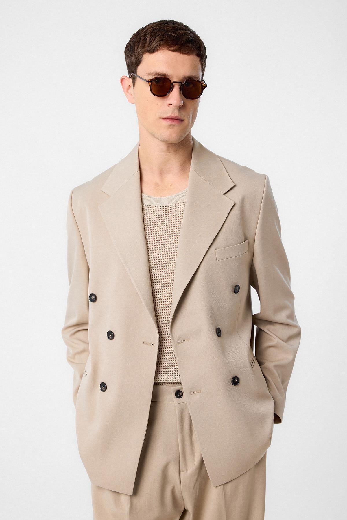 Antioch Koyu Bej Relax Fit Kruvaze Erkek Blazer Ceket