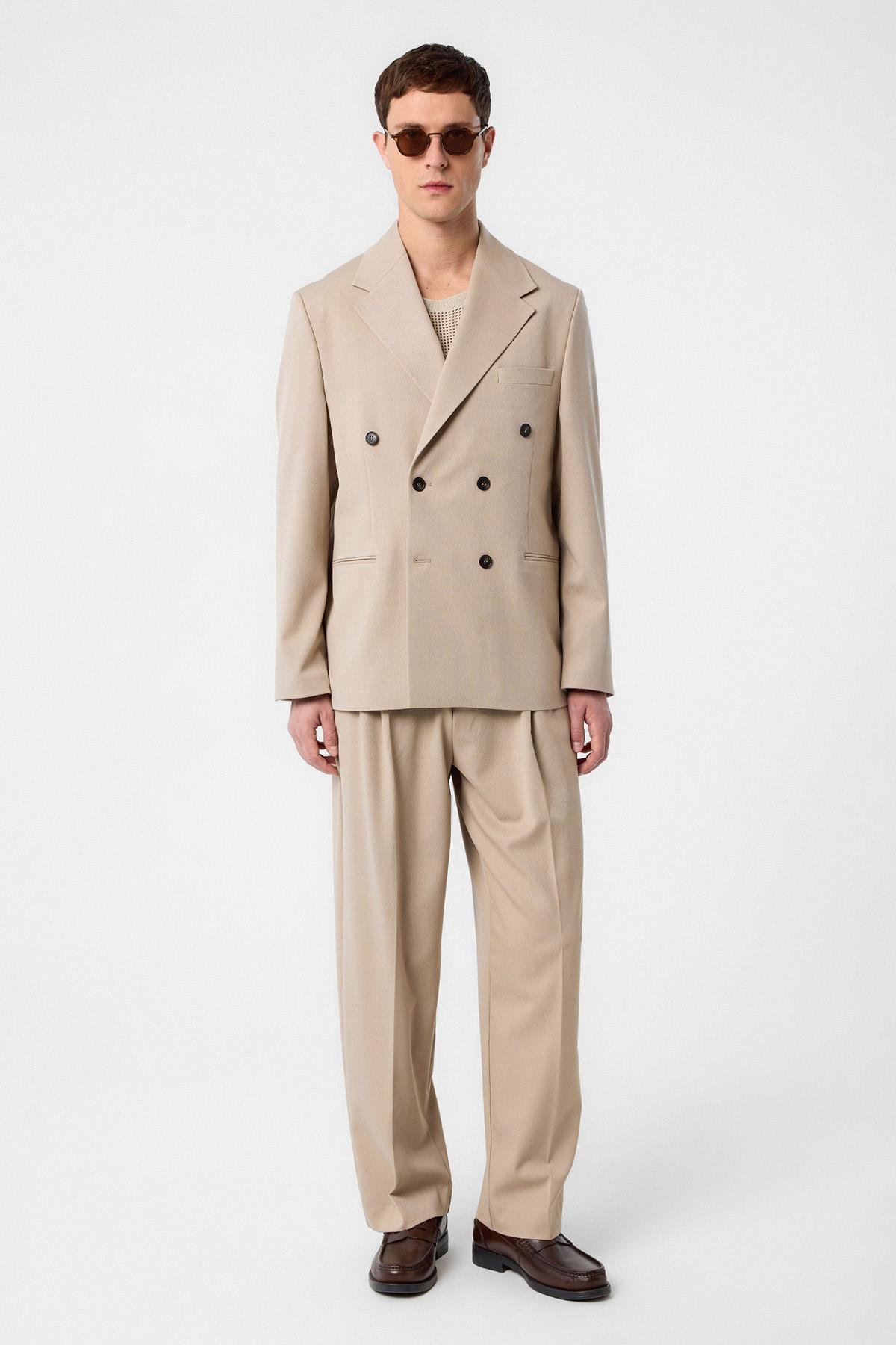 Antioch Koyu Bej Relax Fit Kruvaze Erkek Blazer Ceket