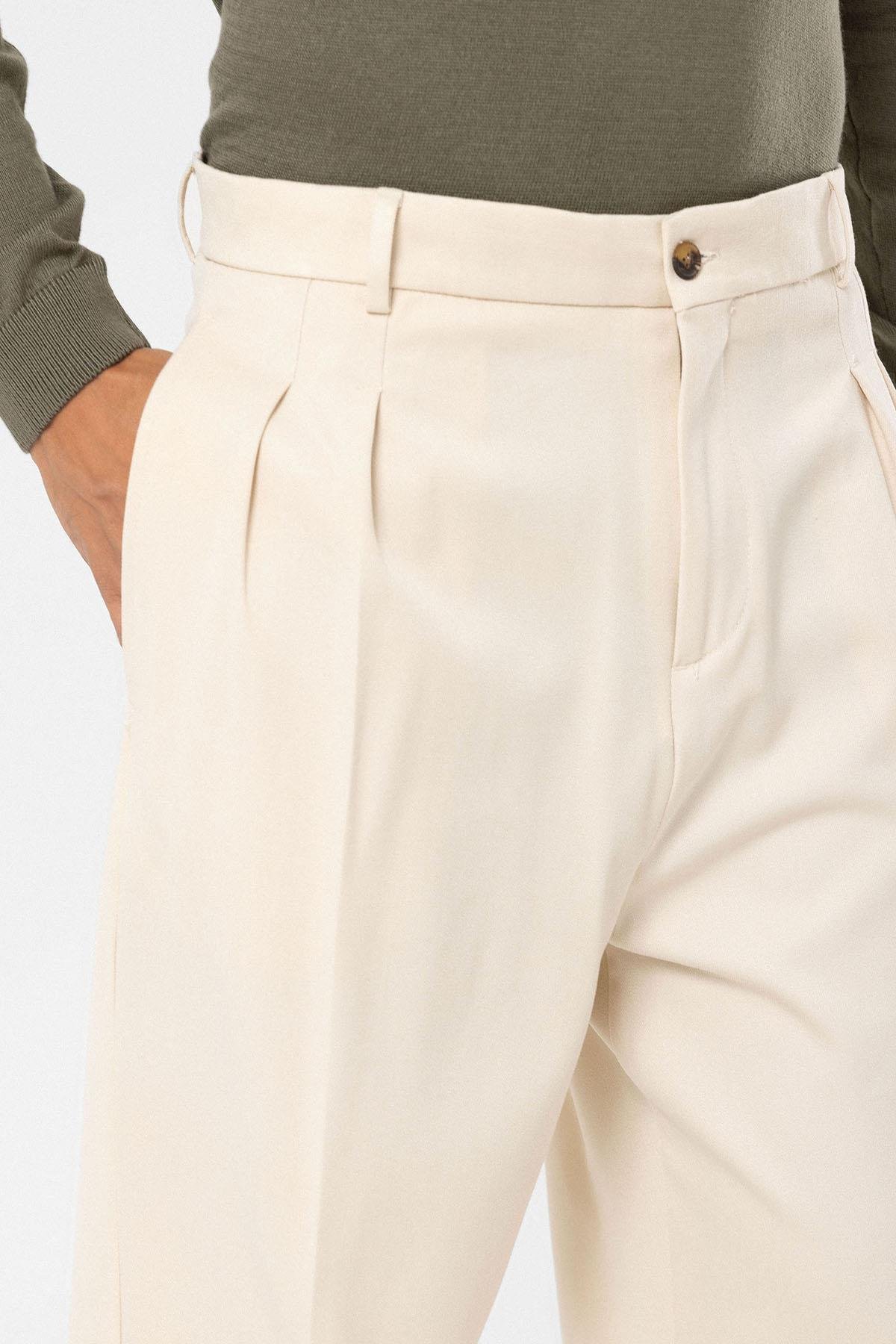 Antioch Koyu Ekru Yüksek Bel Pileli Rahat Kalıp Erkek Pantolon