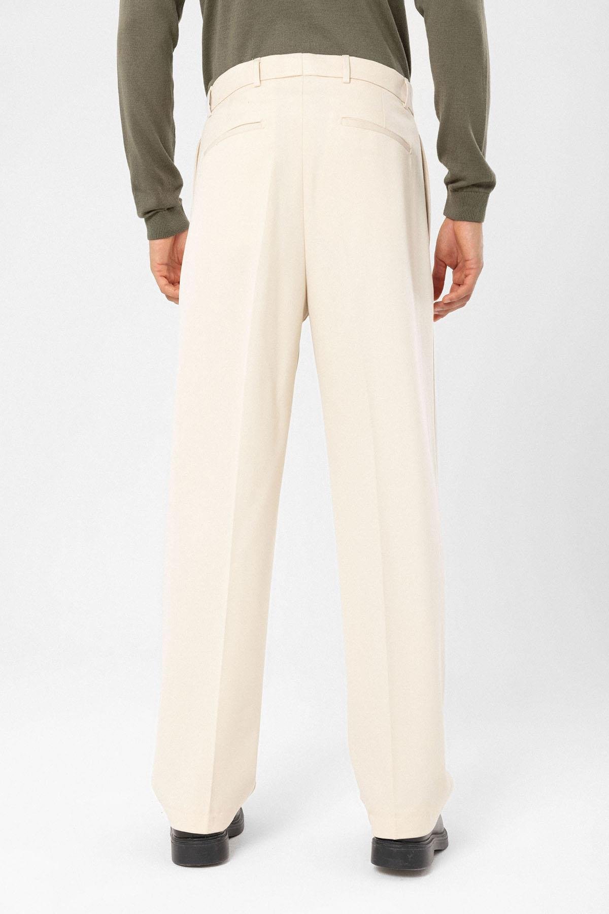 Antioch Koyu Ekru Yüksek Bel Pileli Rahat Kalıp Erkek Pantolon