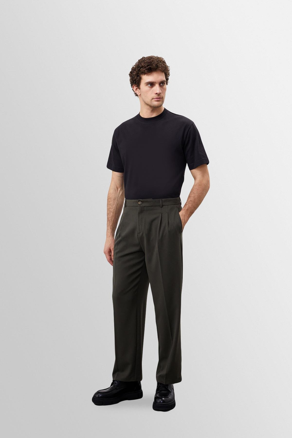 Antioch Koyu Haki Yüksek Bel Pileli Rahat Kalıp Erkek Pantolon