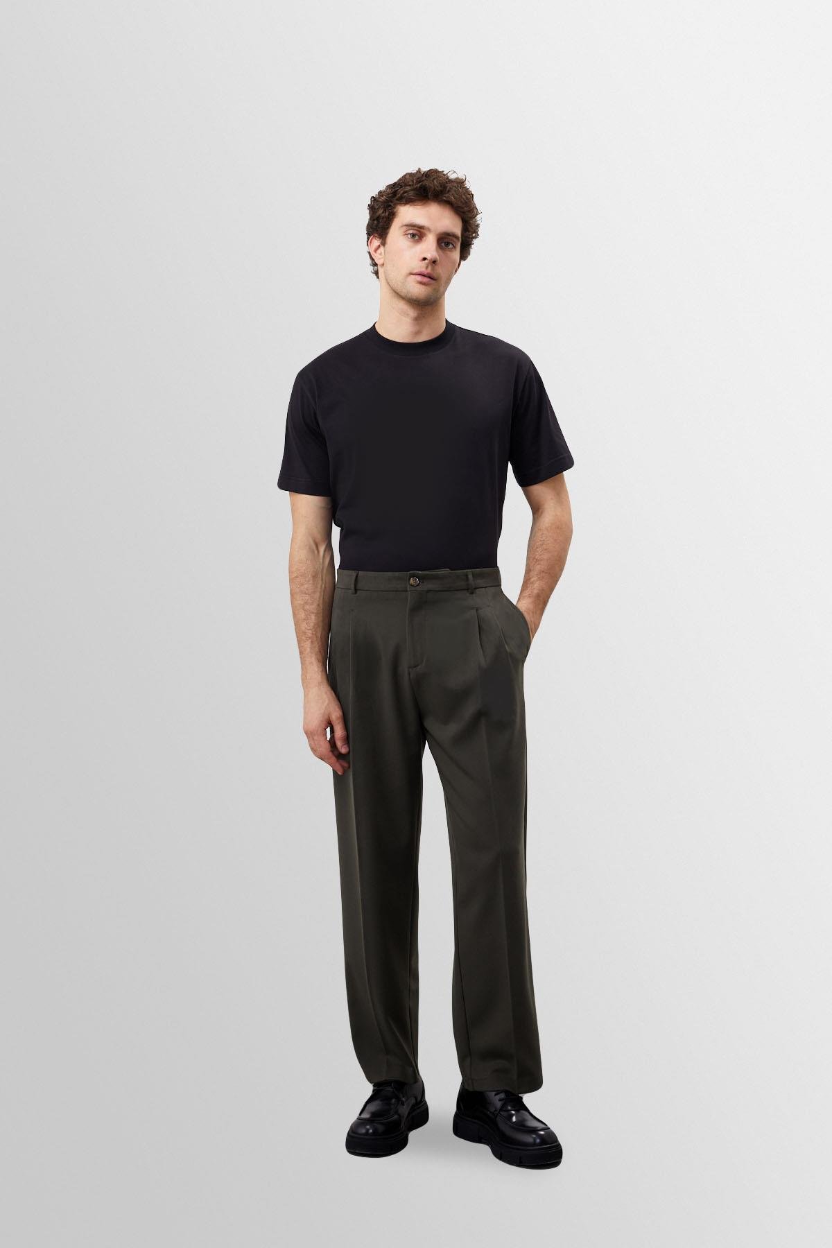 Antioch Koyu Haki Yüksek Bel Pileli Rahat Kalıp Erkek Pantolon