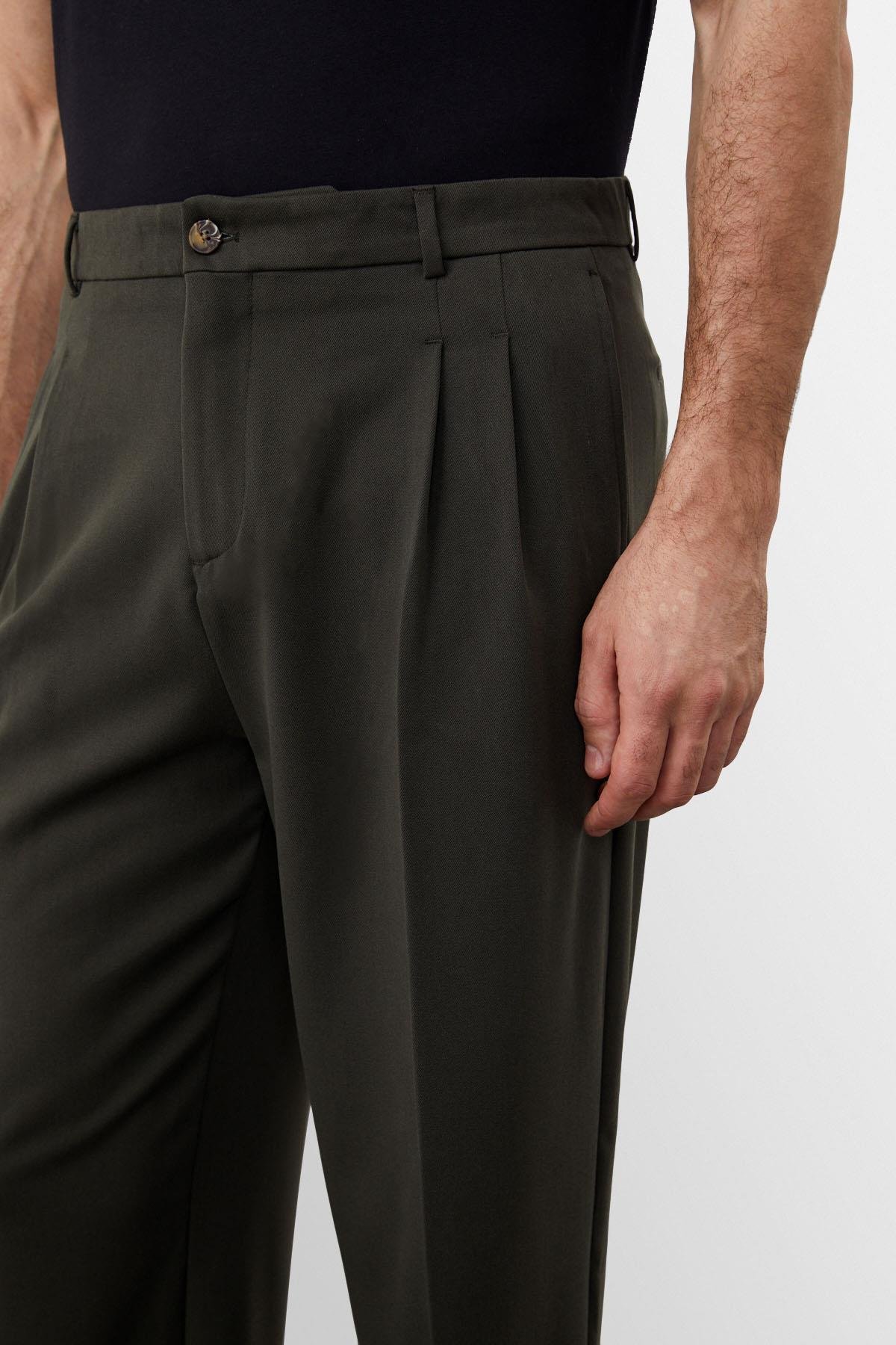 Antioch Koyu Haki Yüksek Bel Pileli Rahat Kalıp Erkek Pantolon