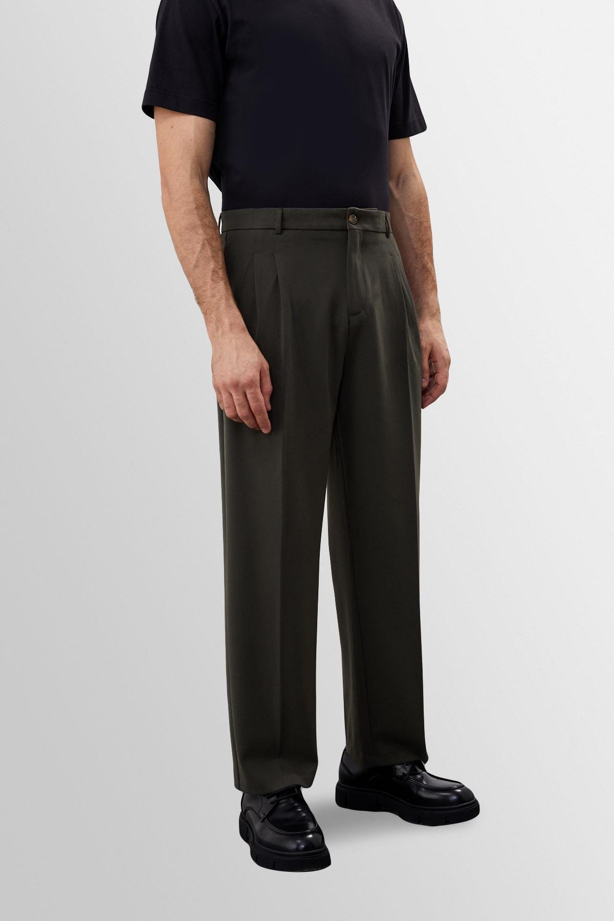 Antioch Koyu Haki Yüksek Bel Pileli Rahat Kalıp Erkek Pantolon