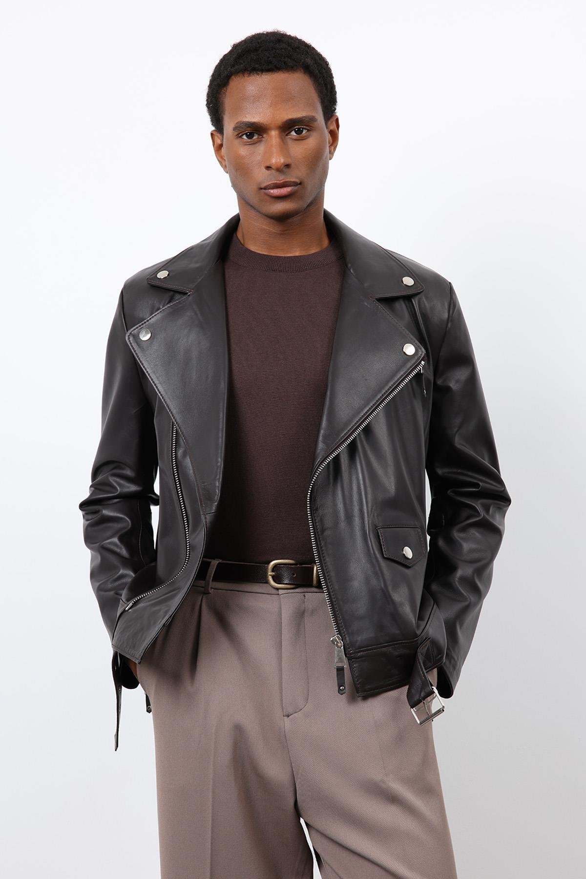 Antioch Koyu Kahve 100% Deri Biker Ceket