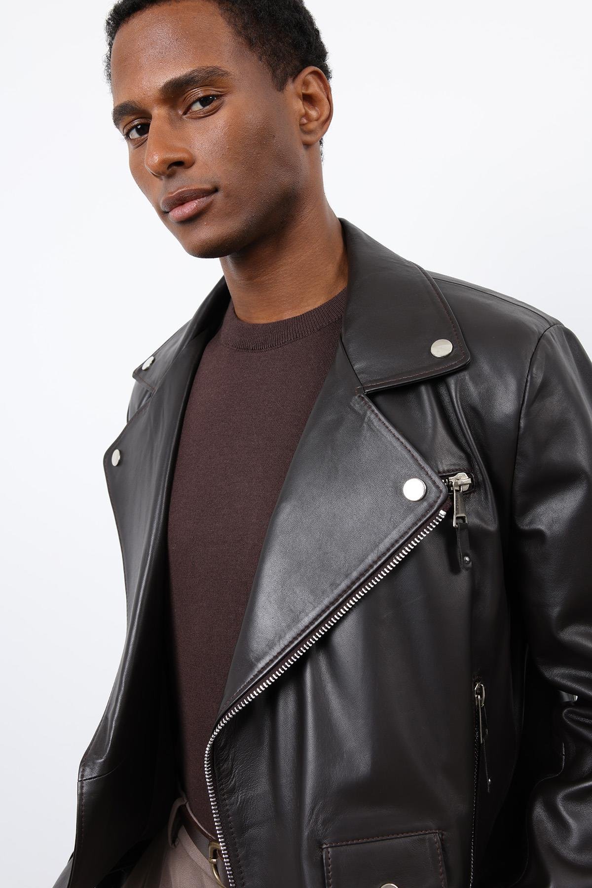 Antioch Koyu Kahve 100% Deri Biker Ceket