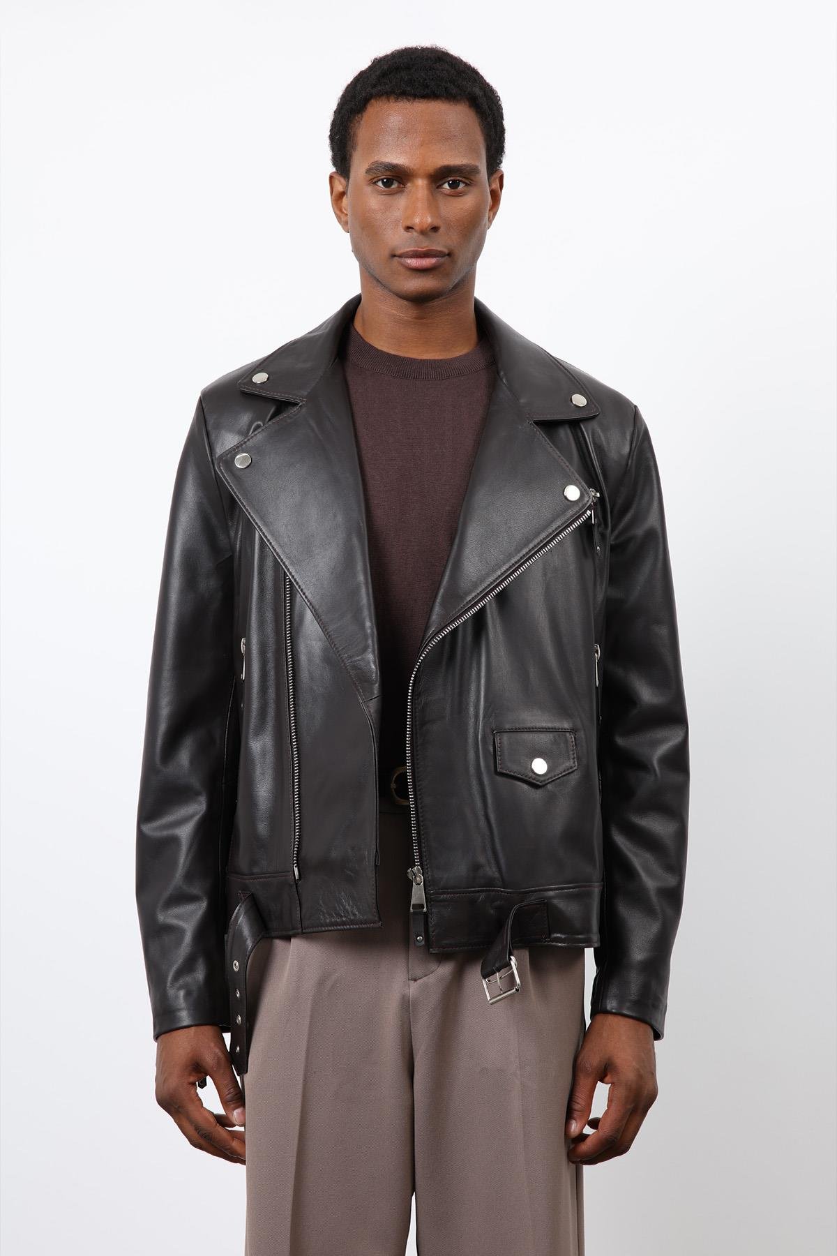 Antioch Koyu Kahve 100% Deri Biker Ceket