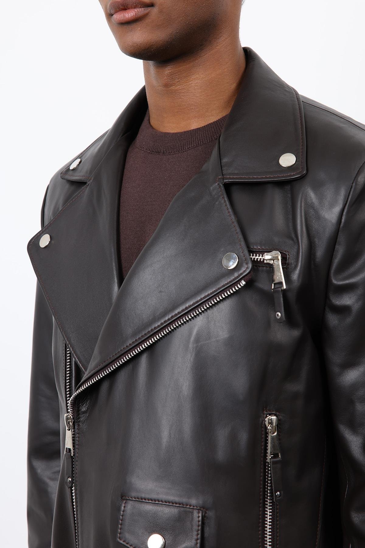 Antioch Koyu Kahve 100% Deri Biker Ceket