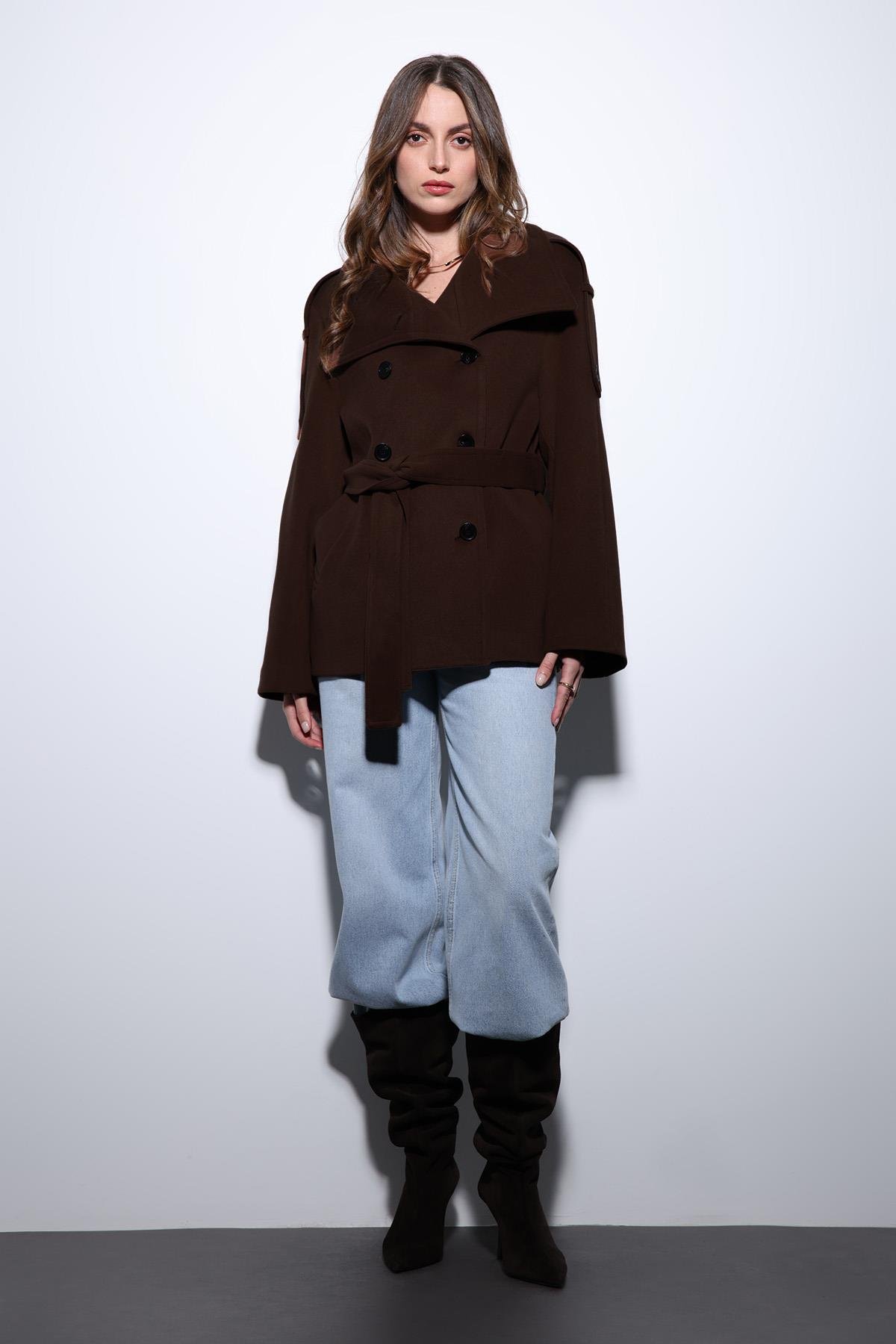 Antioch Koyu Kahve Dik Yaka Kruvaze Kadın Kaban