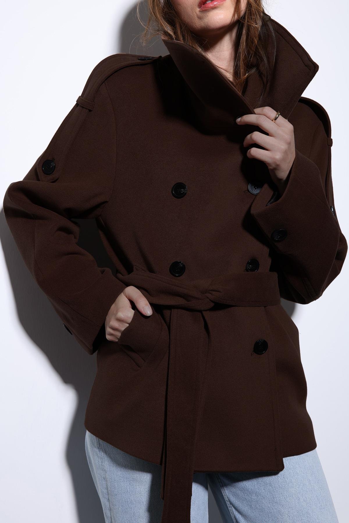 Antioch Koyu Kahve Dik Yaka Kruvaze Kadın Kaban