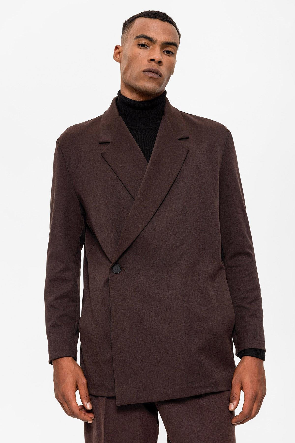 Antioch Koyu Kahve Kruvaze Kapama Gizli Cep Erkek Blazer Ceket