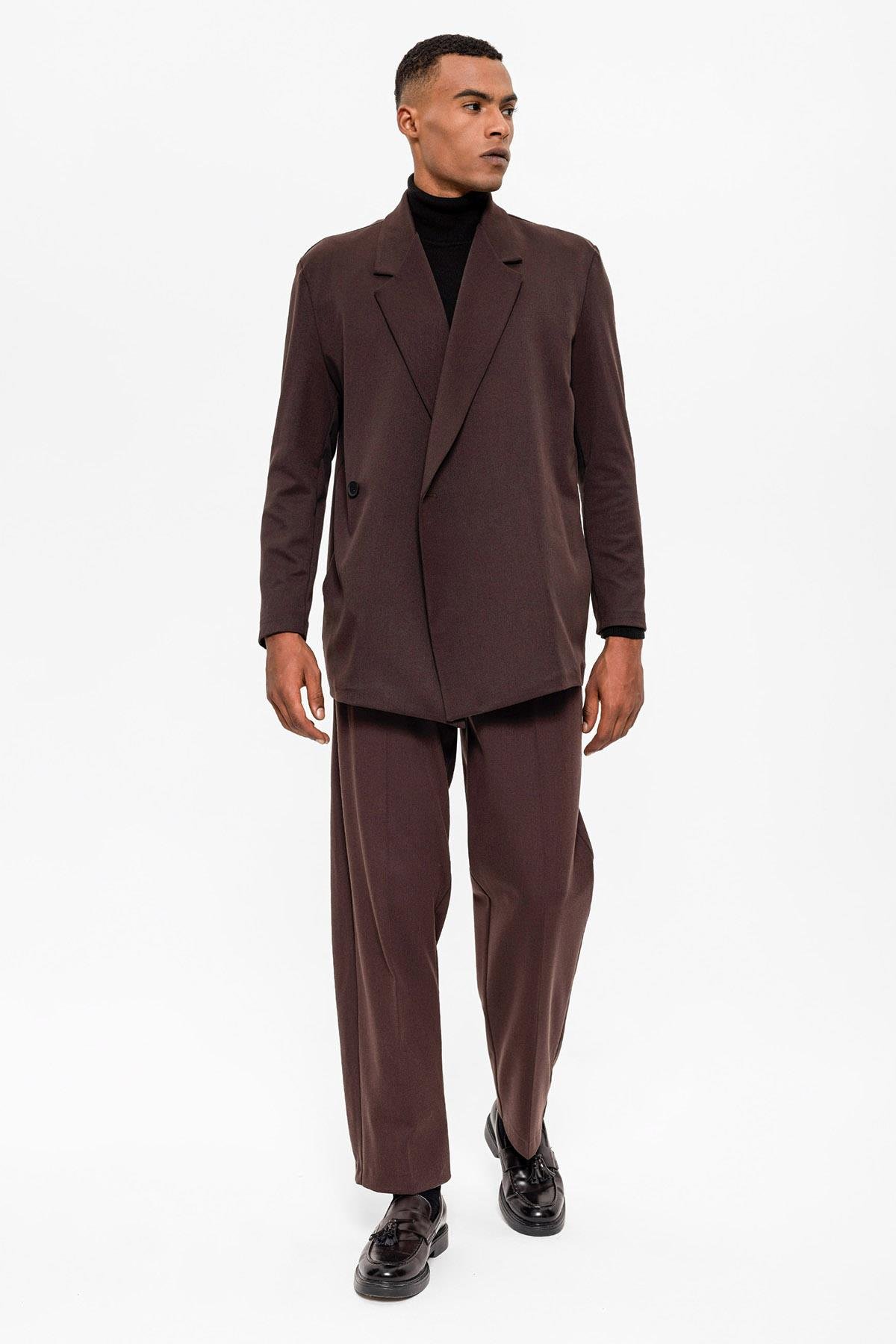 Antioch Koyu Kahve Kruvaze Kapama Gizli Cep Erkek Blazer Ceket