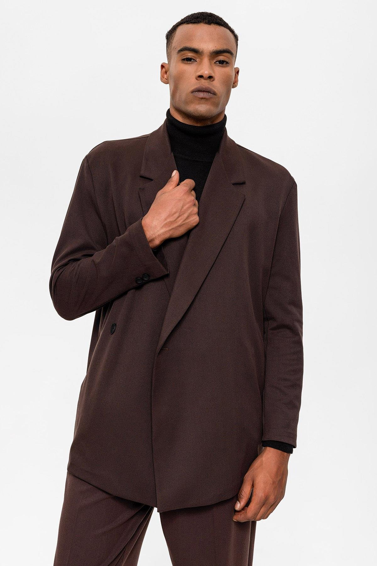 Antioch Koyu Kahve Kruvaze Kapama Gizli Cep Erkek Blazer Ceket