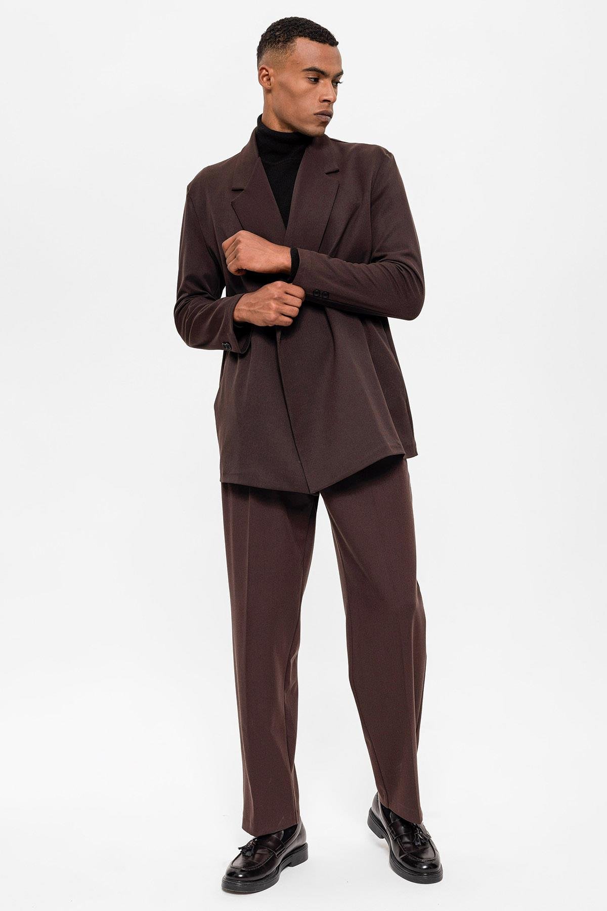 Antioch Koyu Kahve Kruvaze Kapama Gizli Cep Erkek Blazer Ceket