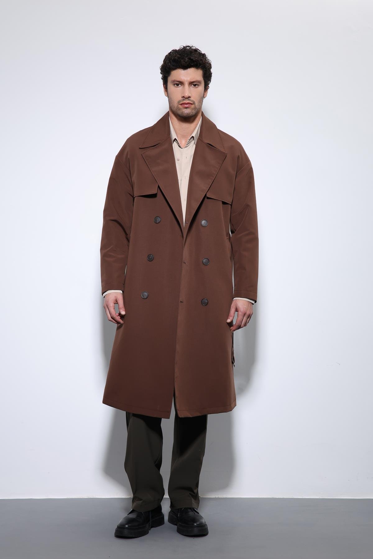 Antioch Koyu Kahve Kruvaze Kapama Kemerli Trençkot