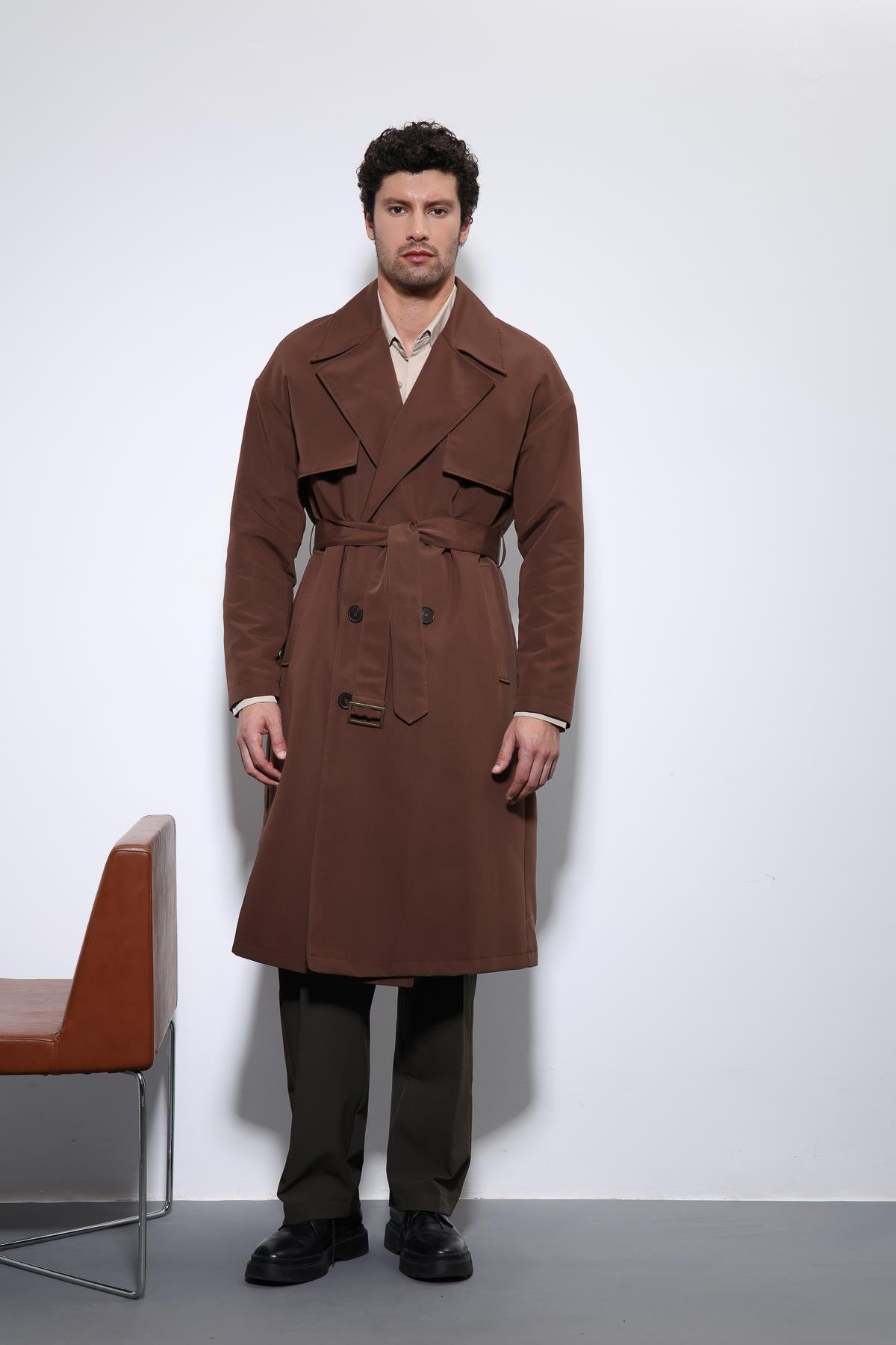 Antioch Koyu Kahve Kruvaze Kapama Kemerli Trençkot