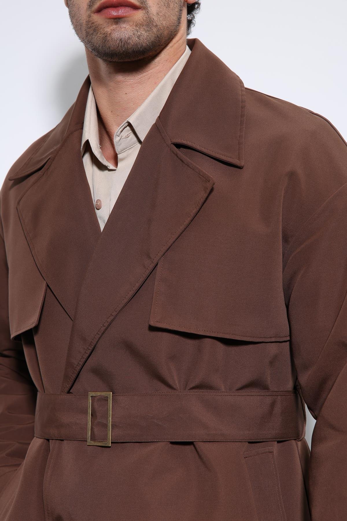 Antioch Koyu Kahve Kruvaze Kapama Kemerli Trençkot