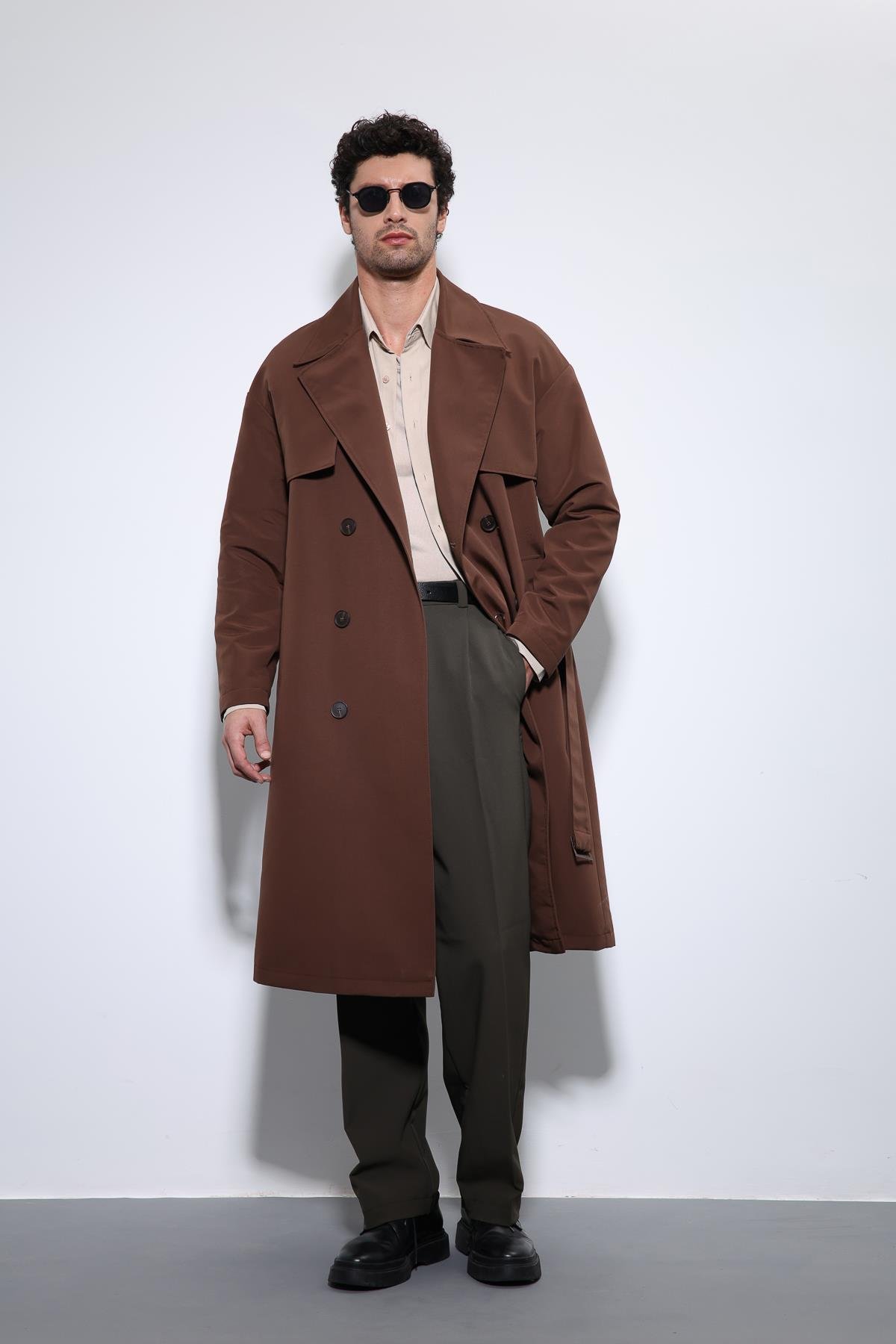 Antioch Koyu Kahve Kruvaze Kapama Kemerli Trençkot