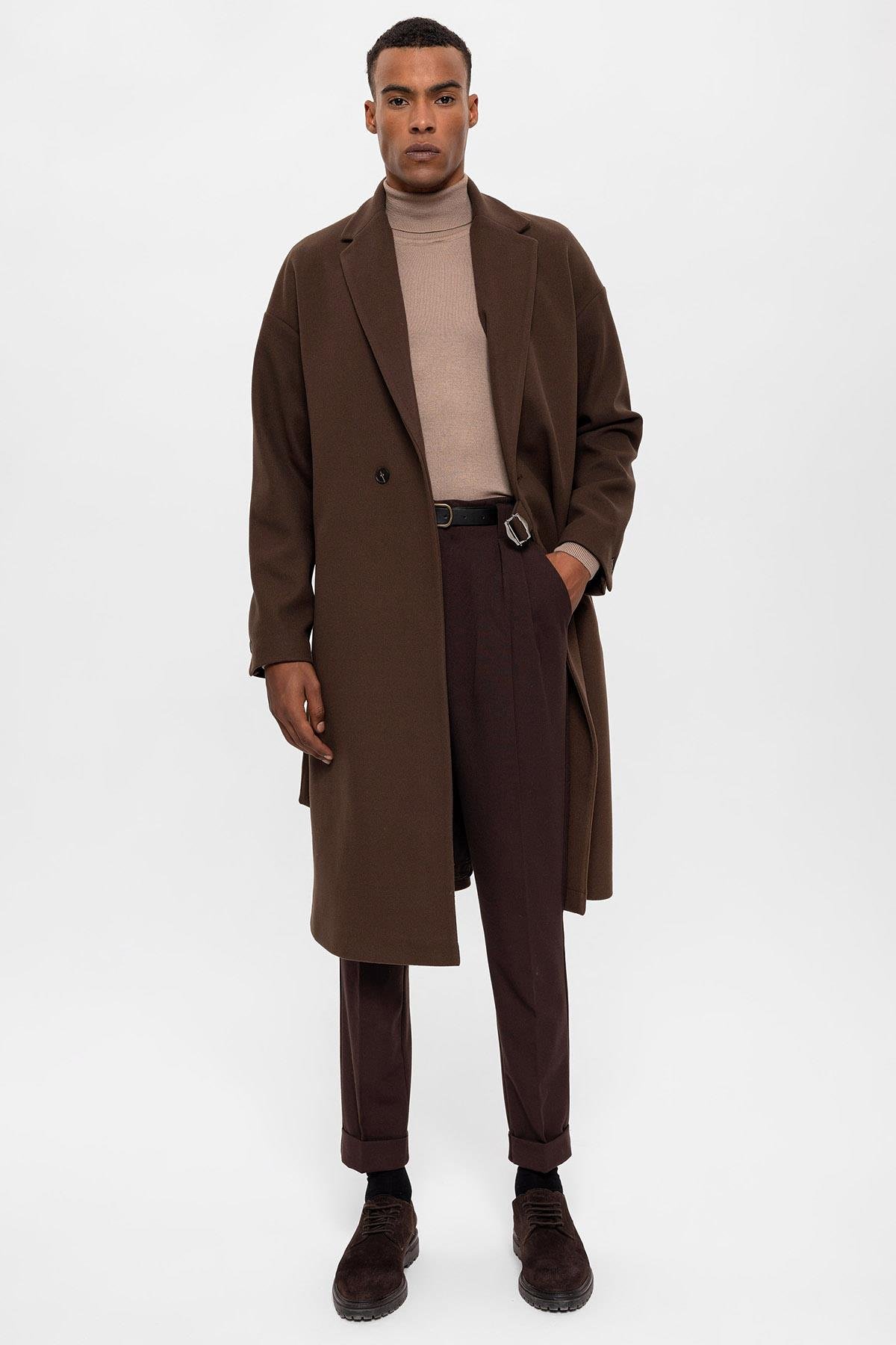 Antioch Koyu Kahve Kuşaklı Oversize Erkek Kaban