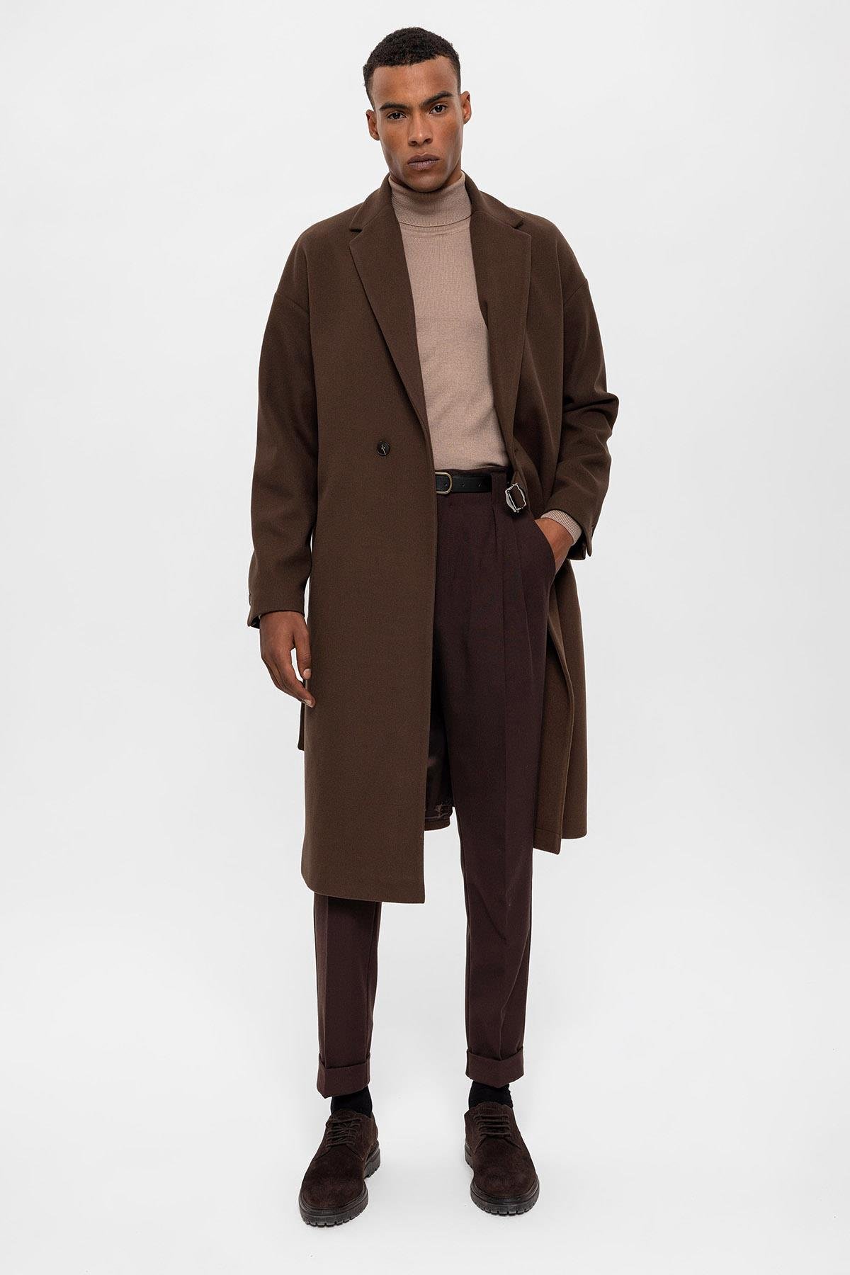 Antioch Koyu Kahve Kuşaklı Oversize Erkek Kaban