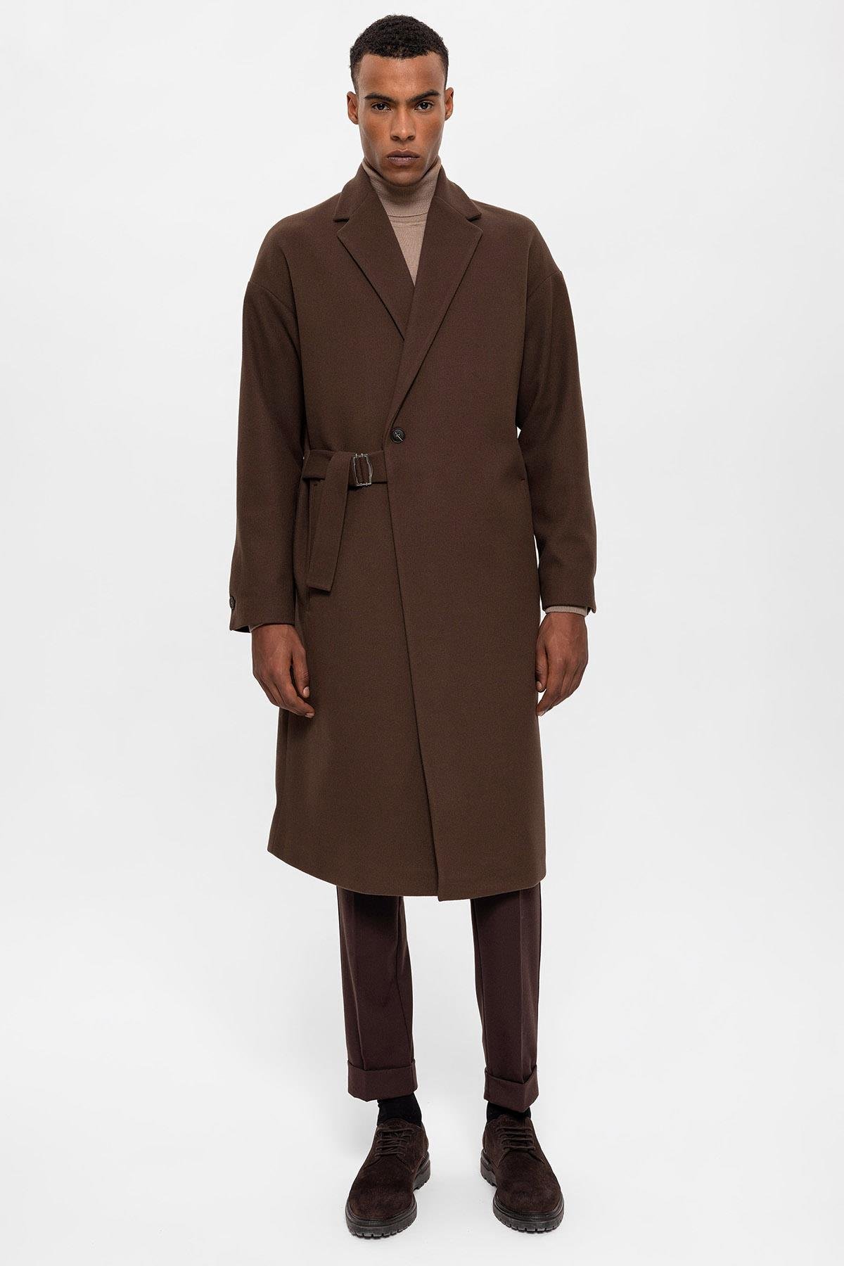 Antioch Koyu Kahve Kuşaklı Oversize Erkek Kaban