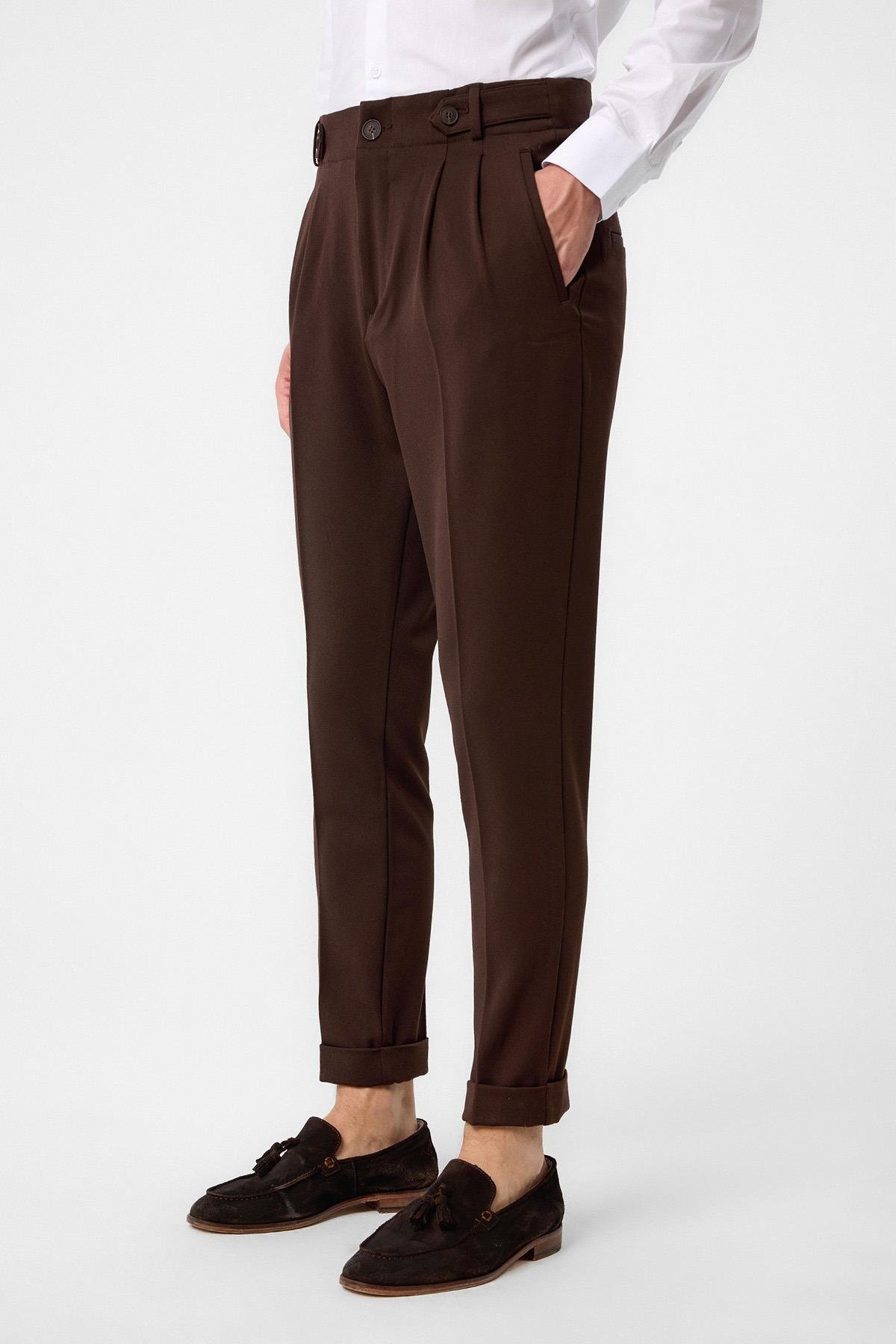 Antioch Koyu Kahve Yüksek Bel (Boyfriend) Pileli Kumaş Pantolon