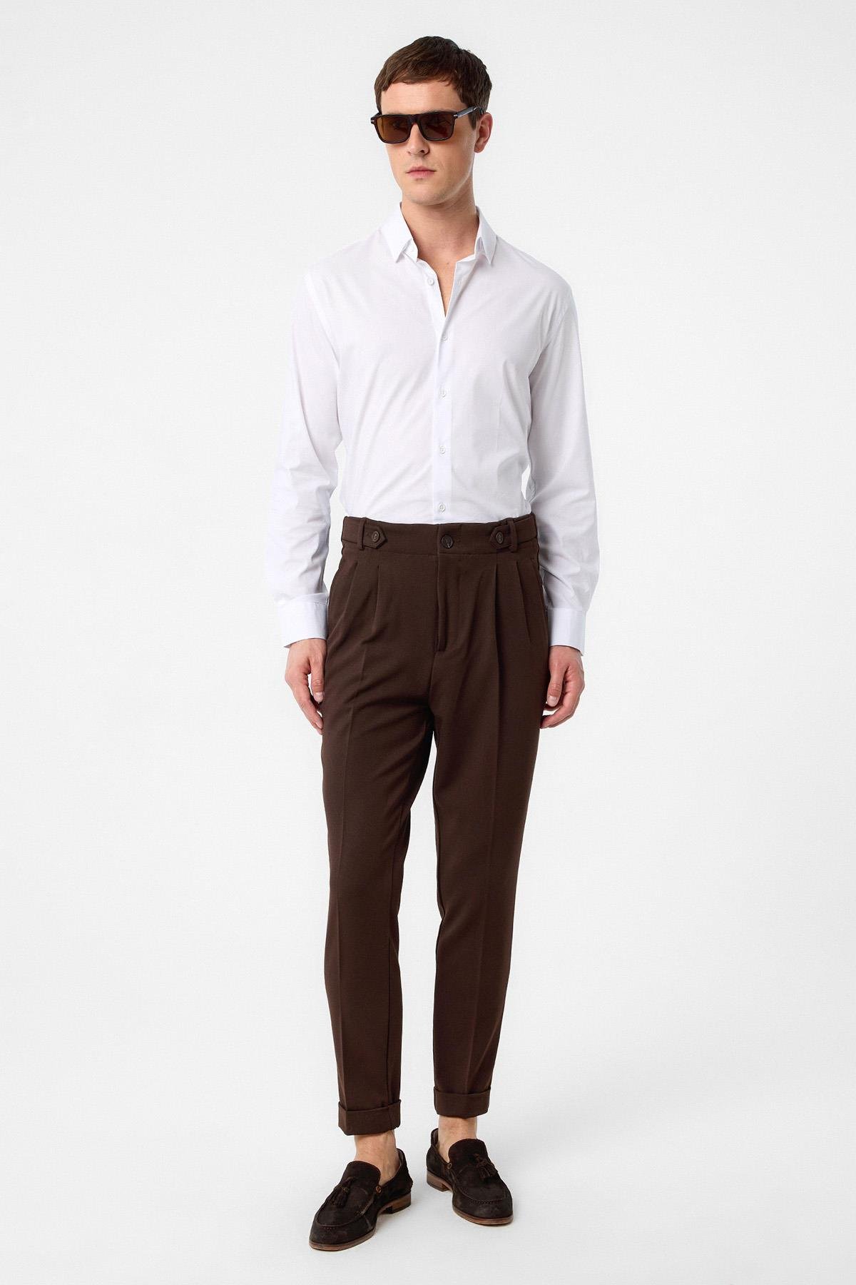 Antioch Koyu Kahve Yüksek Bel (Boyfriend) Pileli Kumaş Pantolon