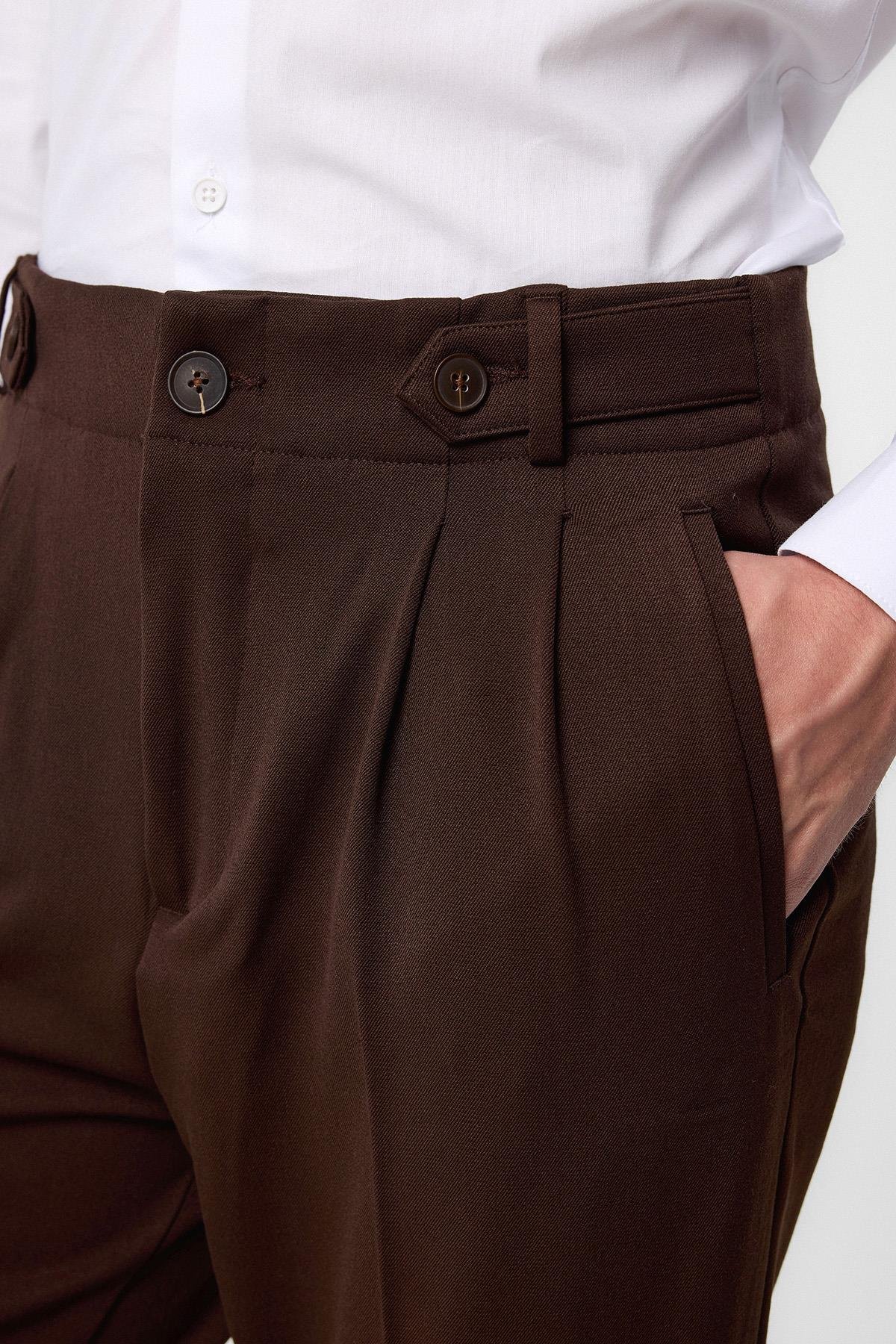 Antioch Koyu Kahve Yüksek Bel (Boyfriend) Pileli Kumaş Pantolon