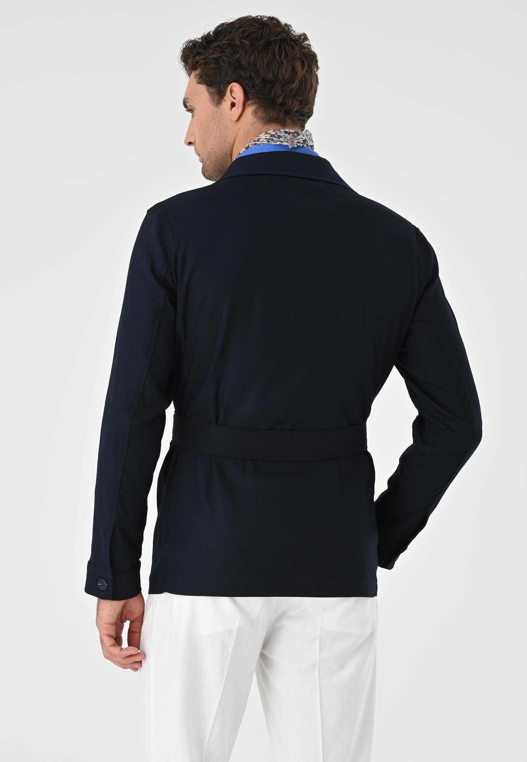 Antioch Koyu Lacivert Beli Kuşaklı Erkek Mevsimlik Keten Mont