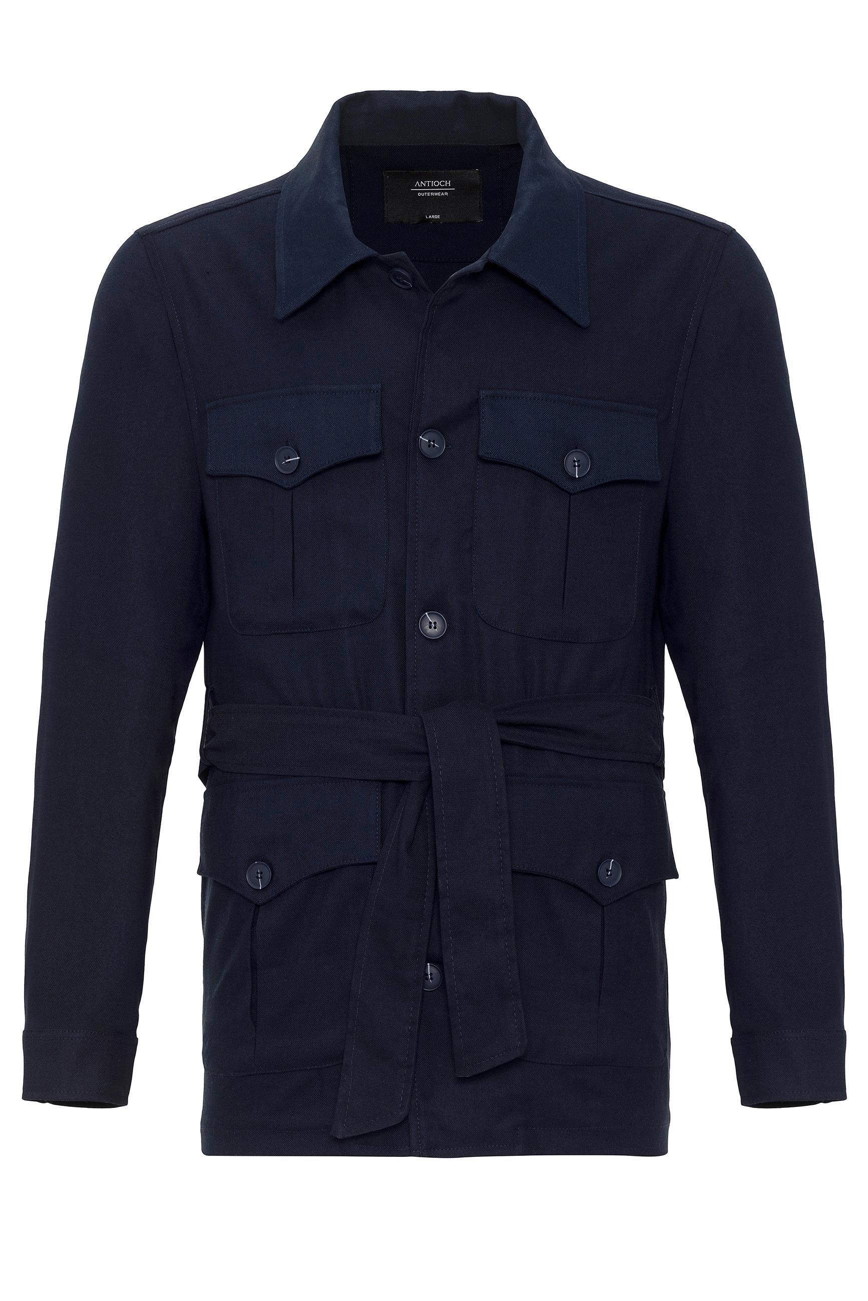 Antioch Koyu Lacivert Beli Kuşaklı Erkek Mevsimlik Keten Mont