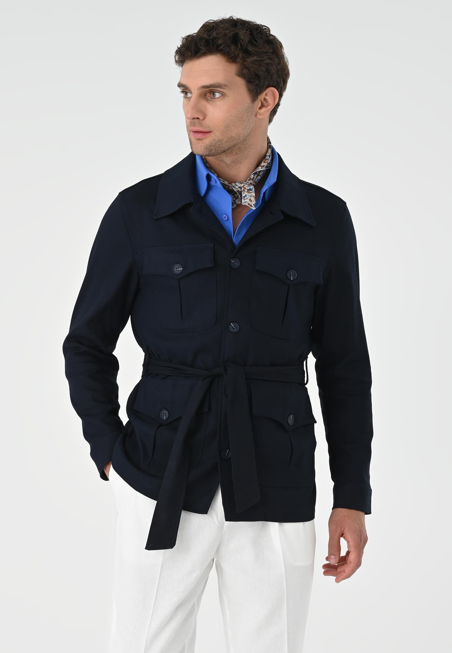 Antioch Koyu Lacivert Beli Kuşaklı Erkek Mevsimlik Keten Mont