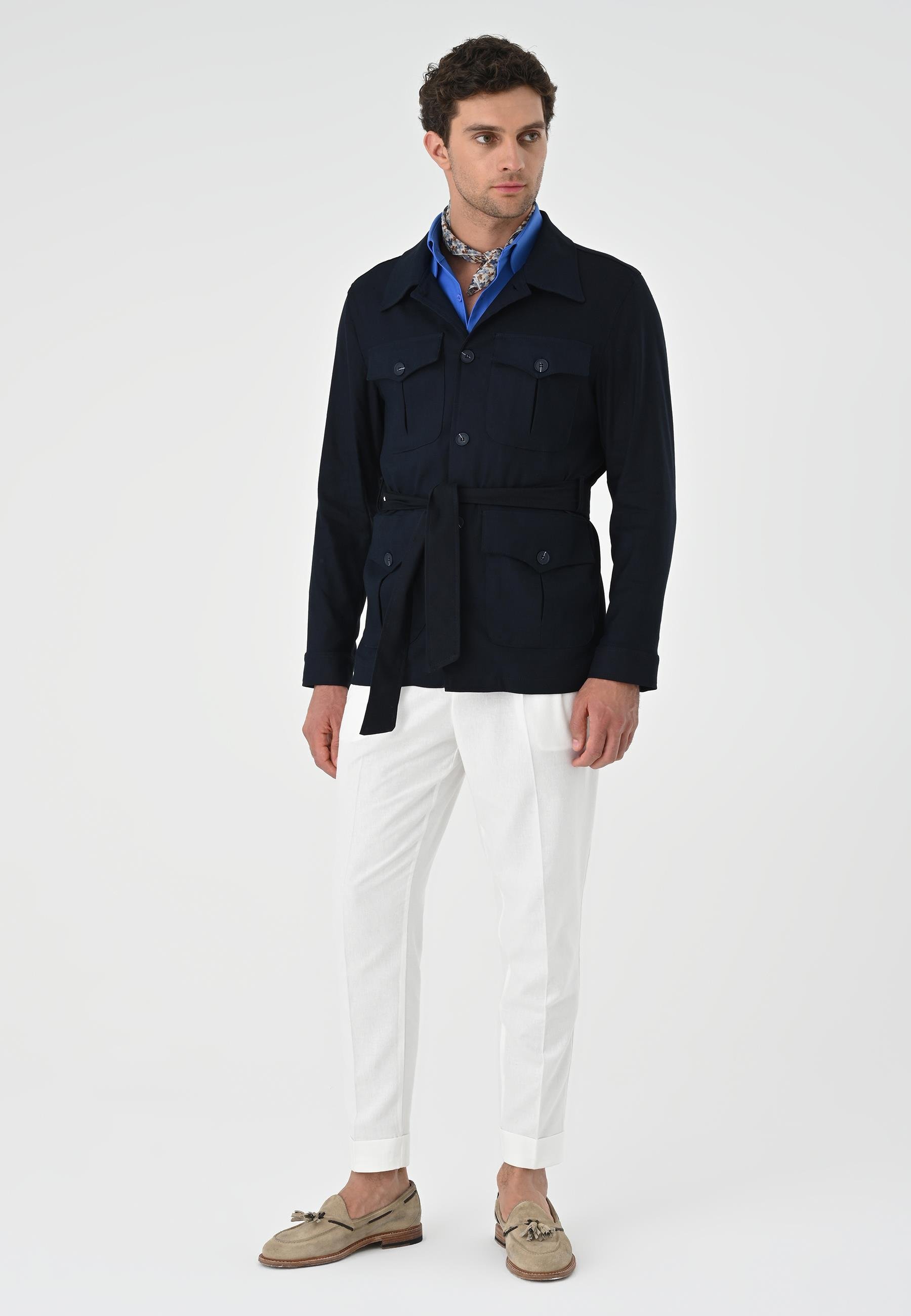 Antioch Koyu Lacivert Beli Kuşaklı Erkek Mevsimlik Keten Mont