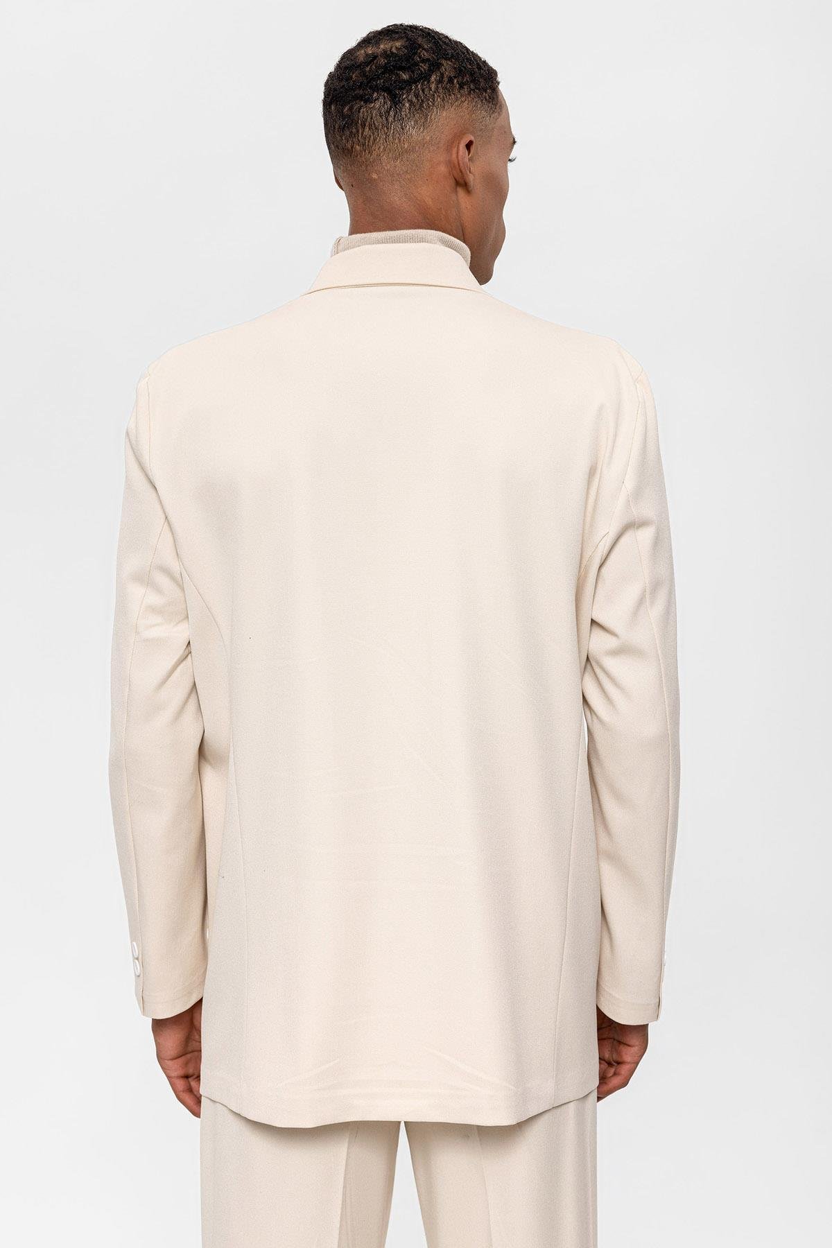 Antioch Ekru Kruvaze Kapama Gizli Cep Erkek Blazer Ceket