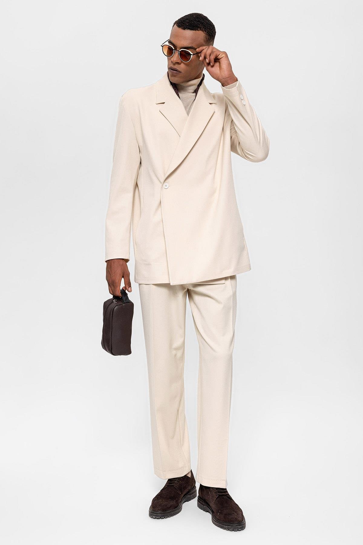 Antioch Ekru Kruvaze Kapama Gizli Cep Erkek Blazer Ceket