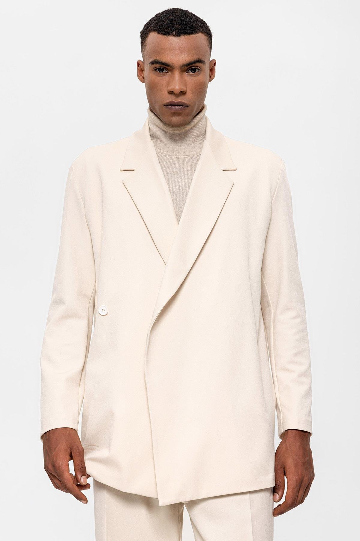 Antioch Ekru Kruvaze Kapama Gizli Cep Erkek Blazer Ceket