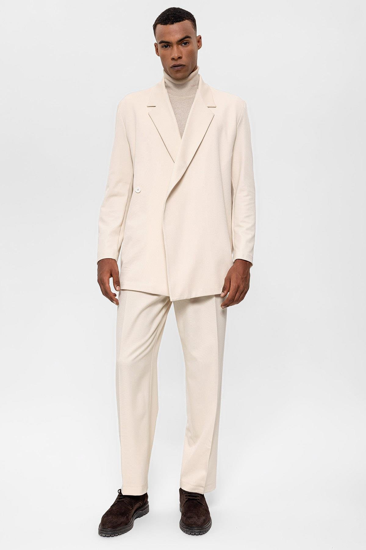 Antioch Ekru Kruvaze Kapama Gizli Cep Erkek Blazer Ceket