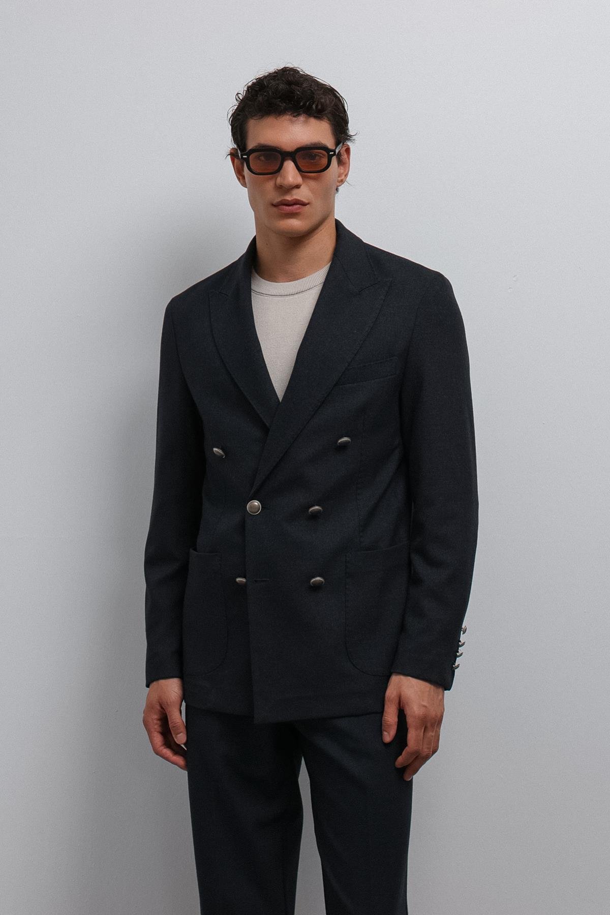 Antioch Lacivert Astarsız Kruvaze Erkek Blazer Ceket