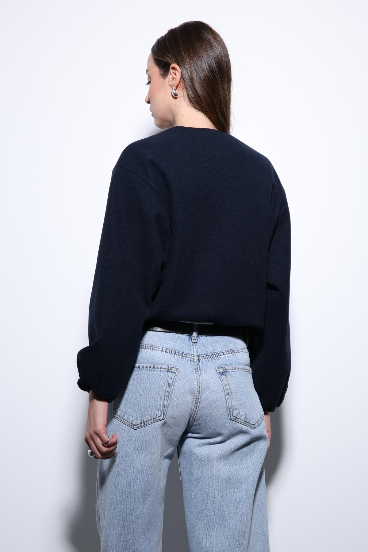 Antioch Lacivert Bel Lastikli Crop Kadın Mont