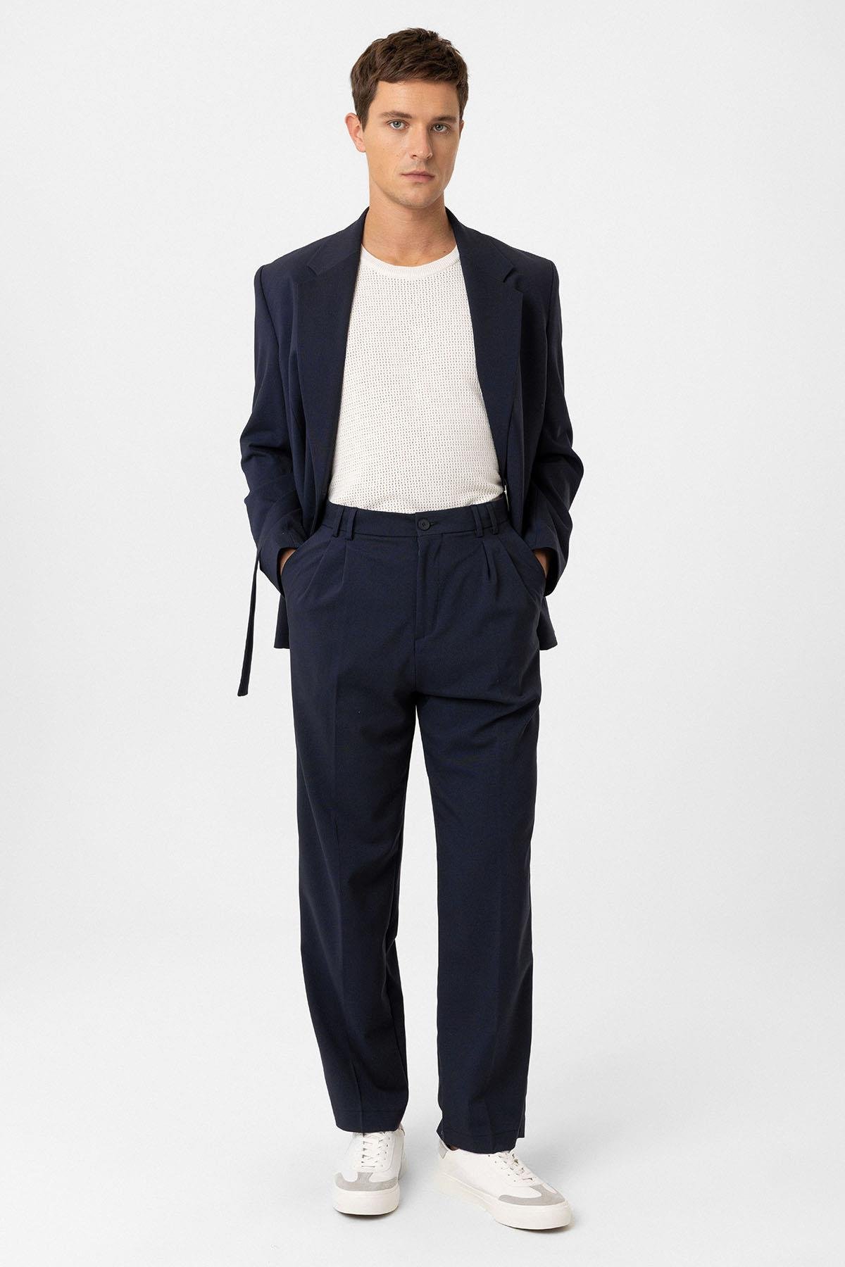 Antioch Lacivert Çift Pileli Baggy Fit Erkek Pantolon