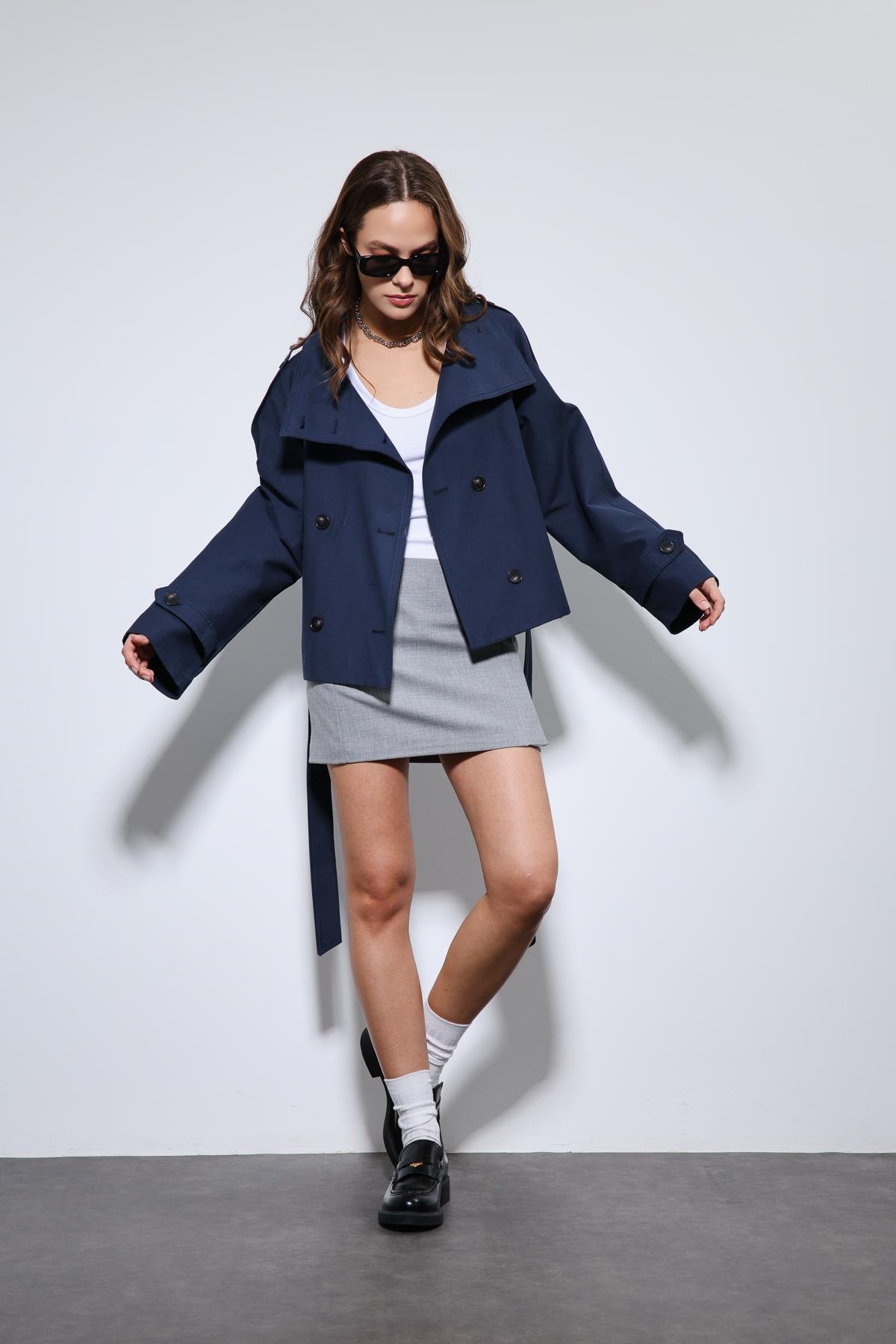 Antioch Lacivert Dik Yaka Kruvaze Trençkot