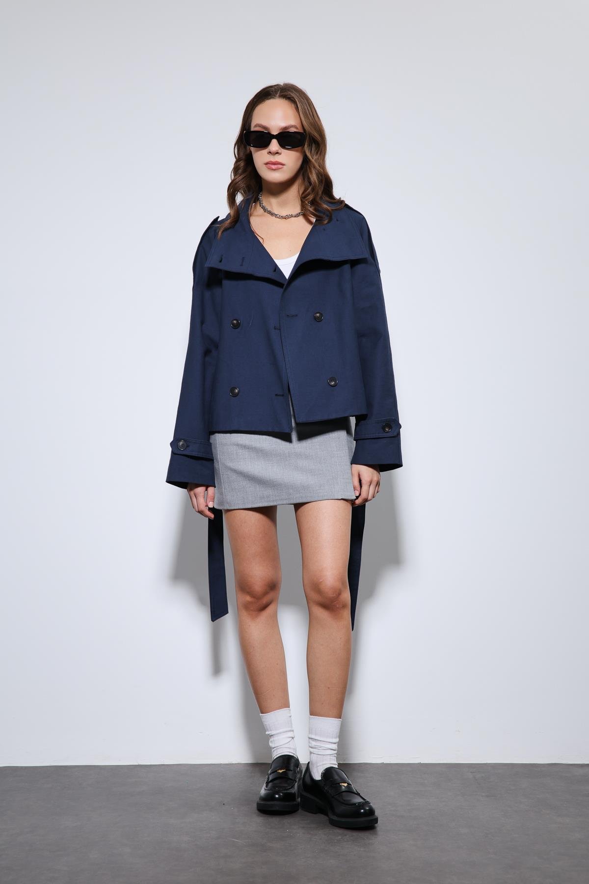 Antioch Lacivert Dik Yaka Kruvaze Trençkot