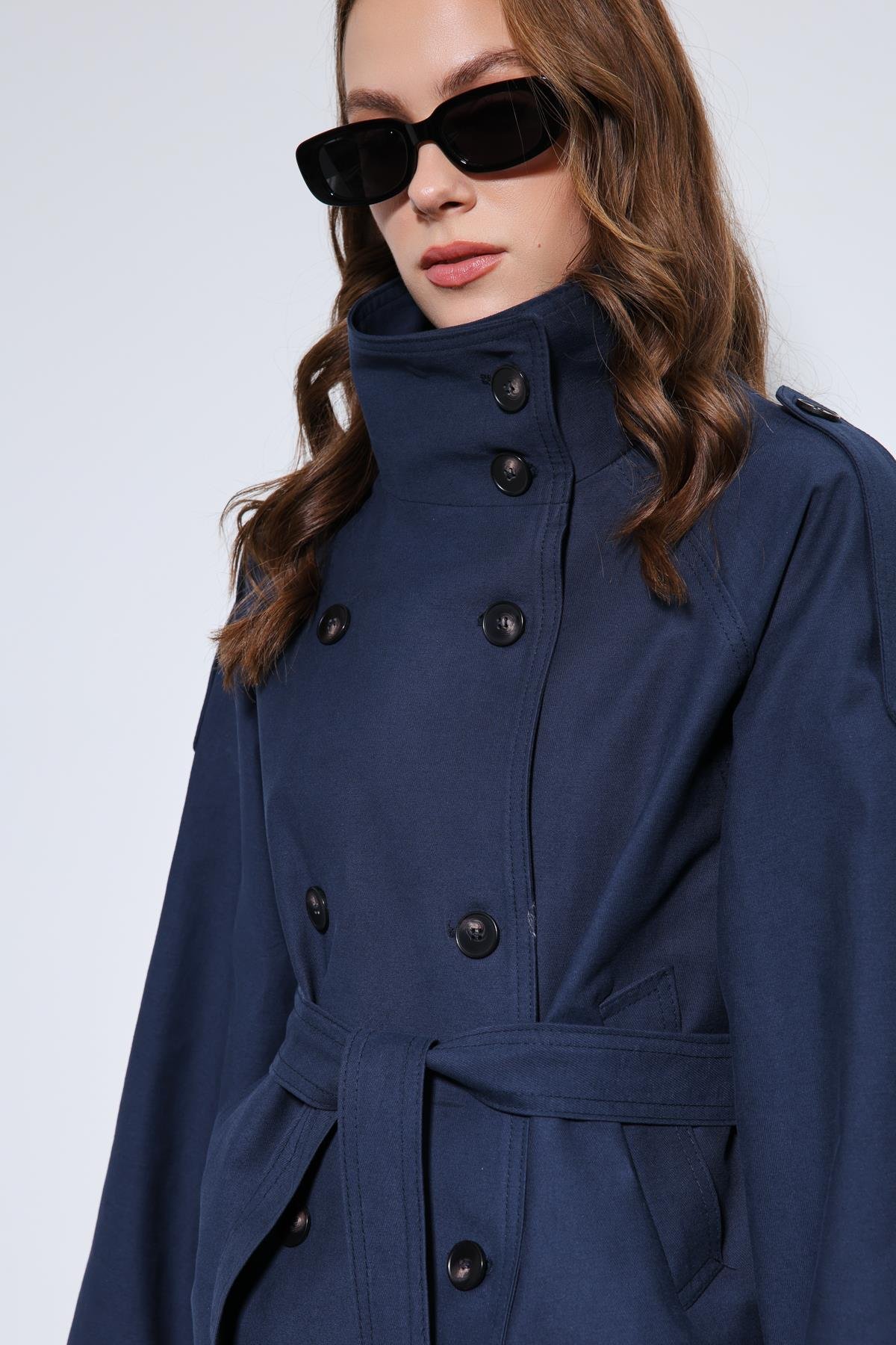 Antioch Lacivert Dik Yaka Kruvaze Trençkot