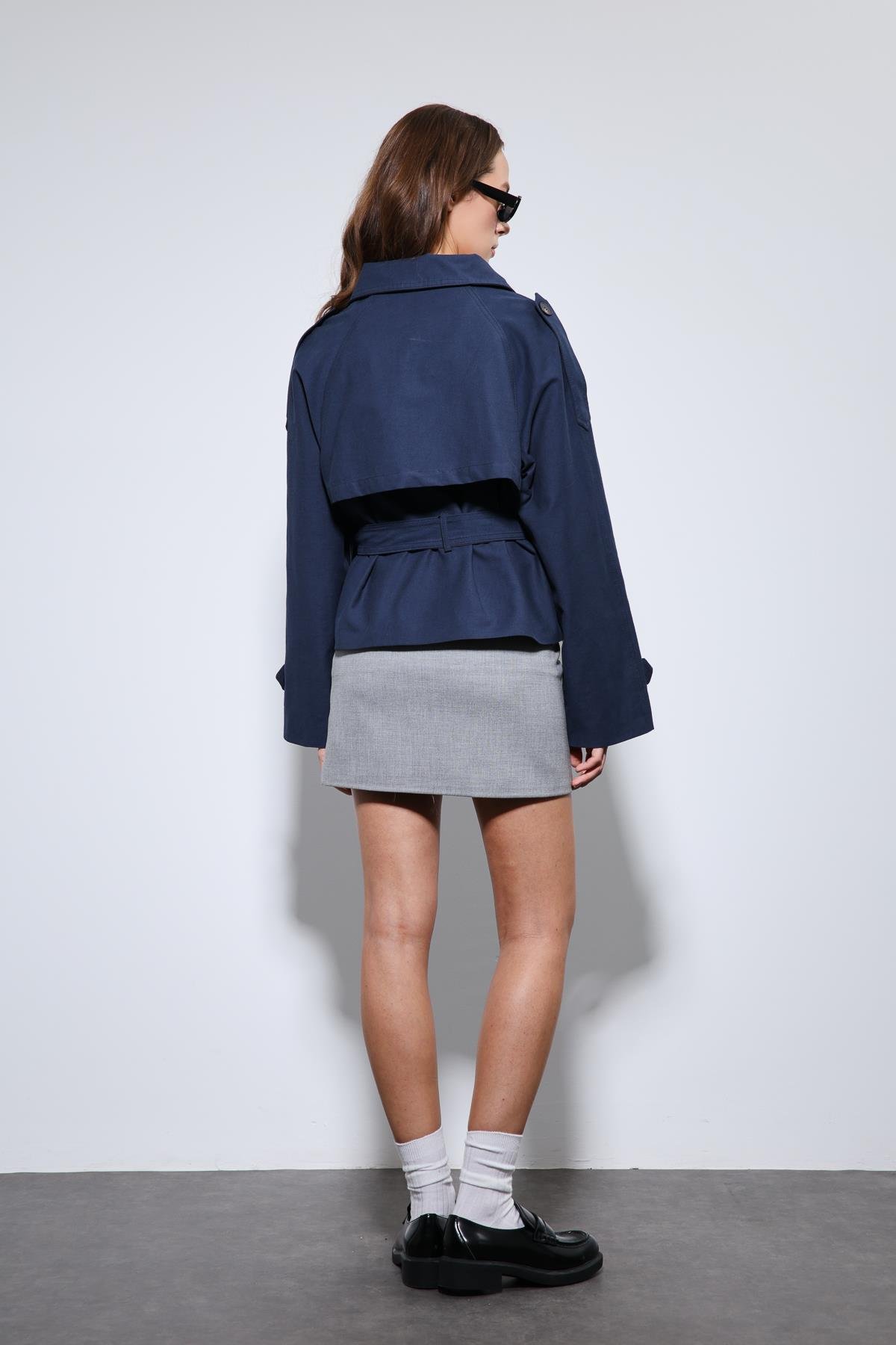 Antioch Lacivert Dik Yaka Kruvaze Trençkot