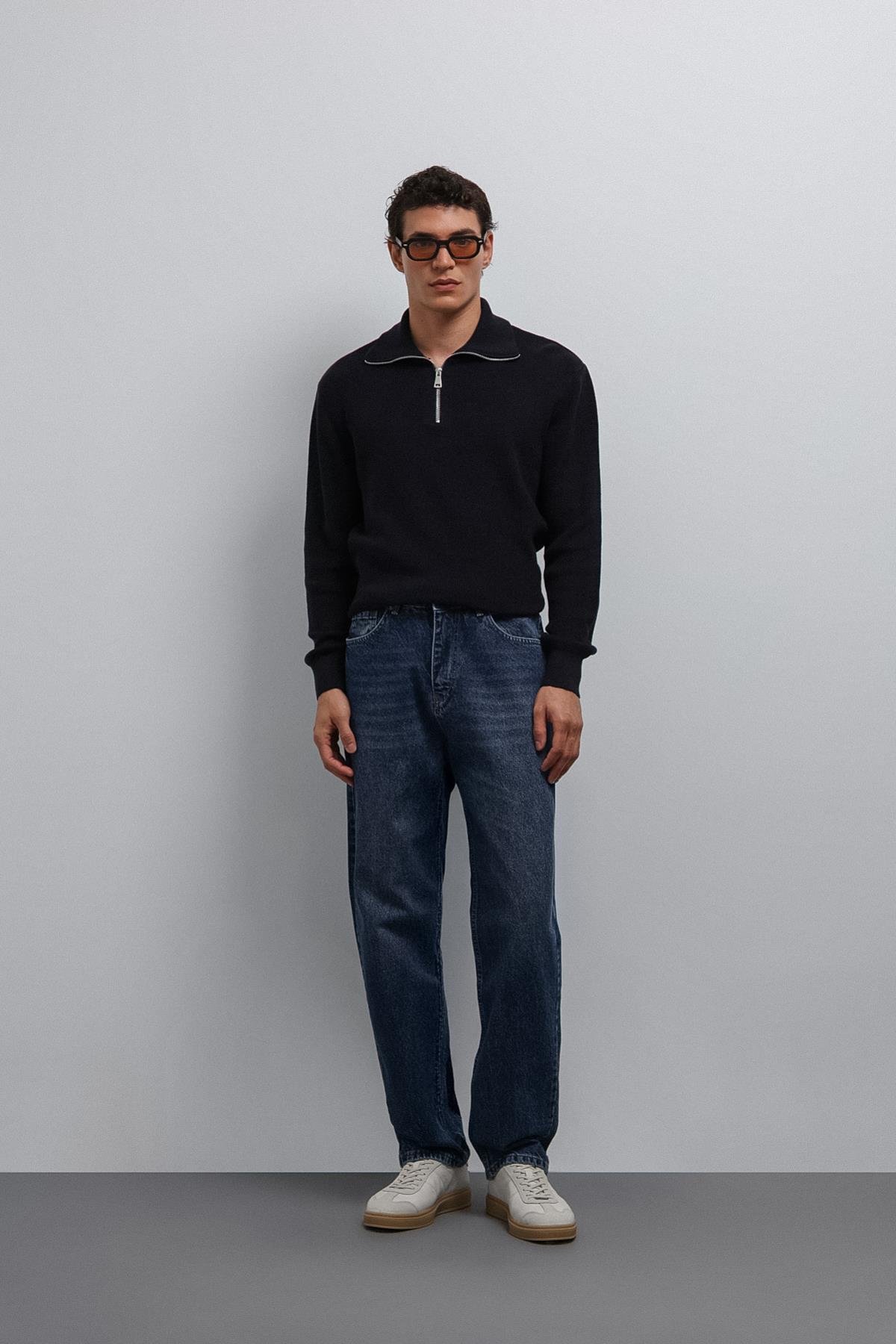 Antioch Lacivert Fermuarlı Triko Erkek Kazak