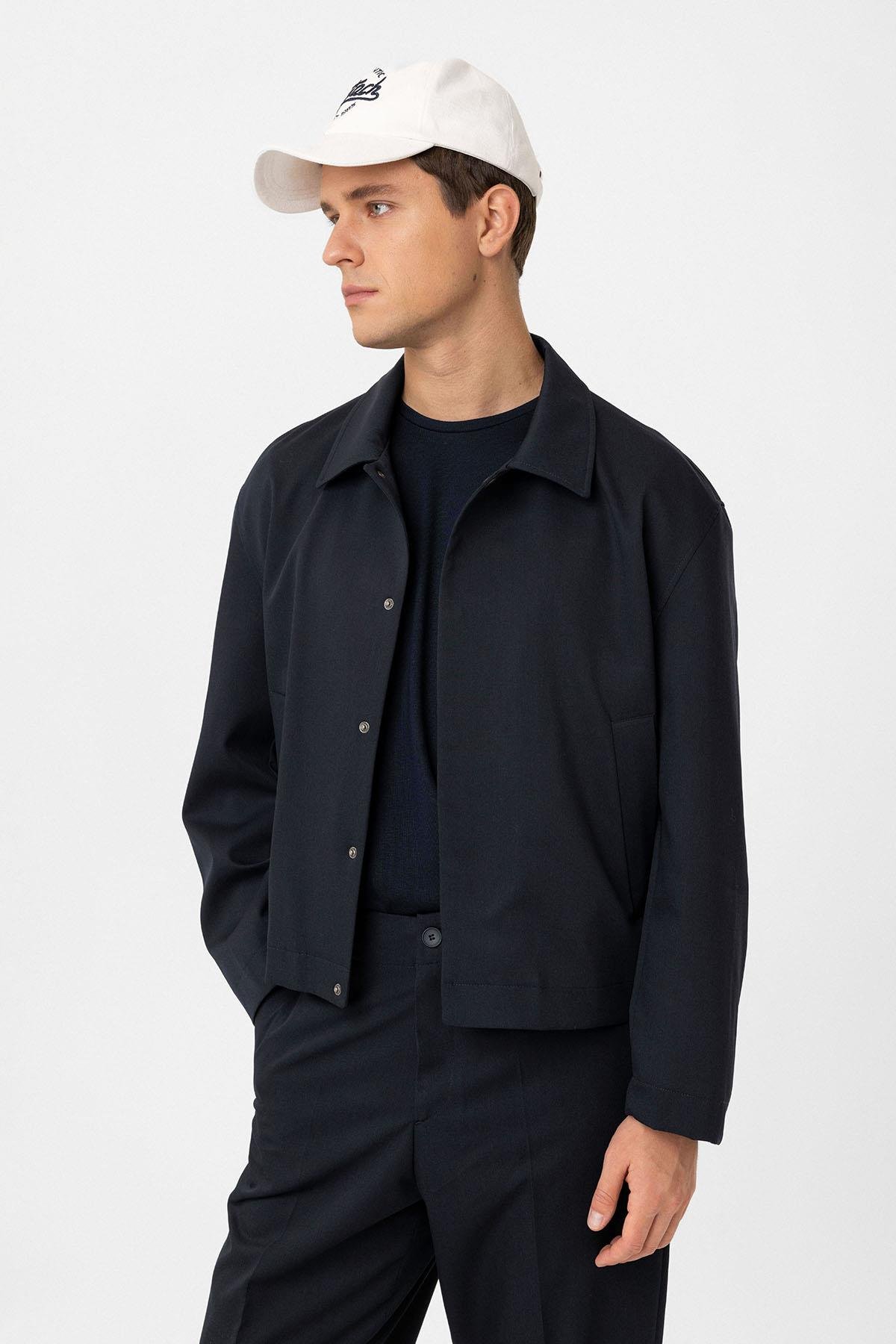 Antioch Lacivert Gizli Düğme Mevsimlik Relax Fit Erkek Mont